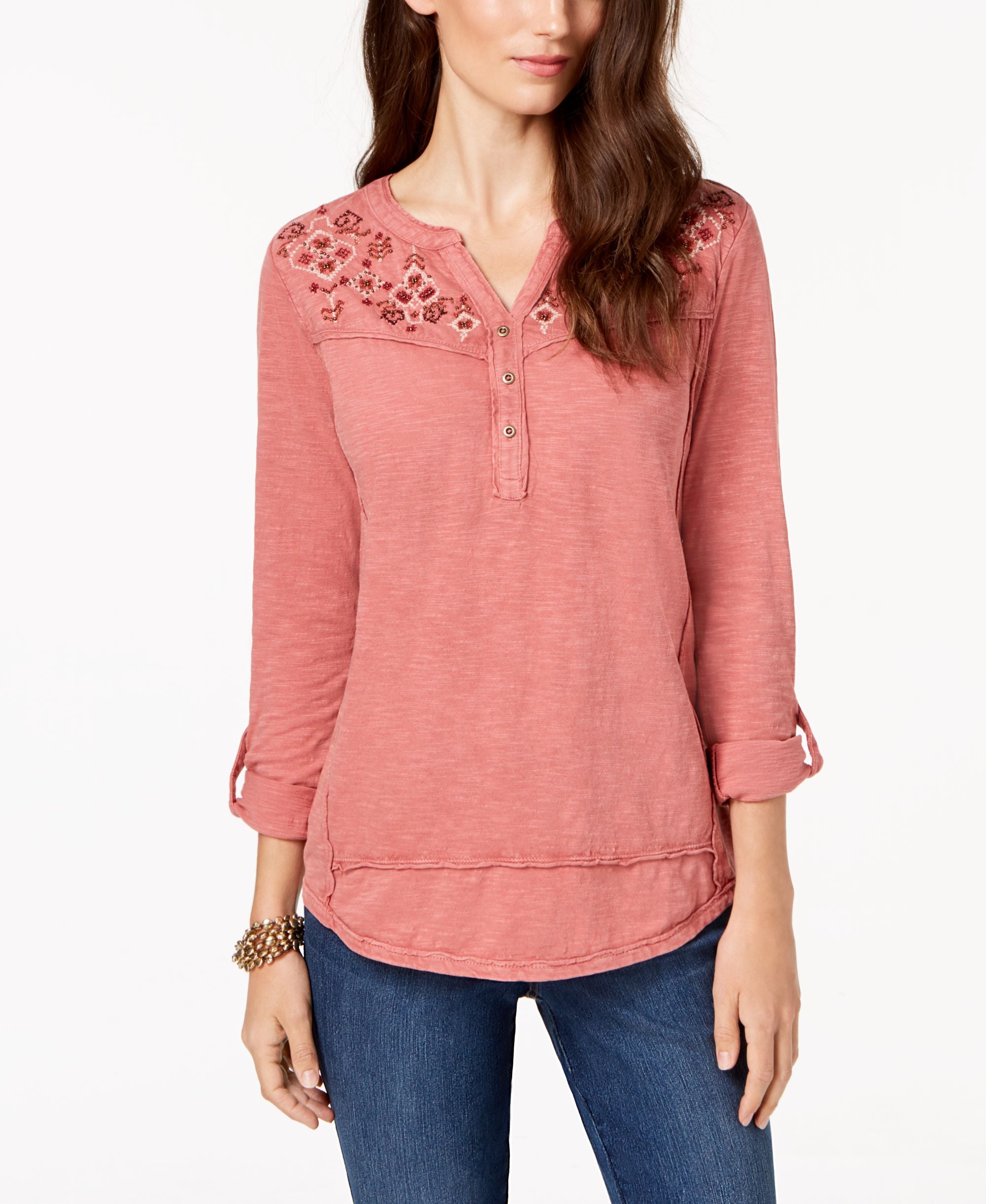Style & Co Petite Cotton Embroidered Split Neck Top