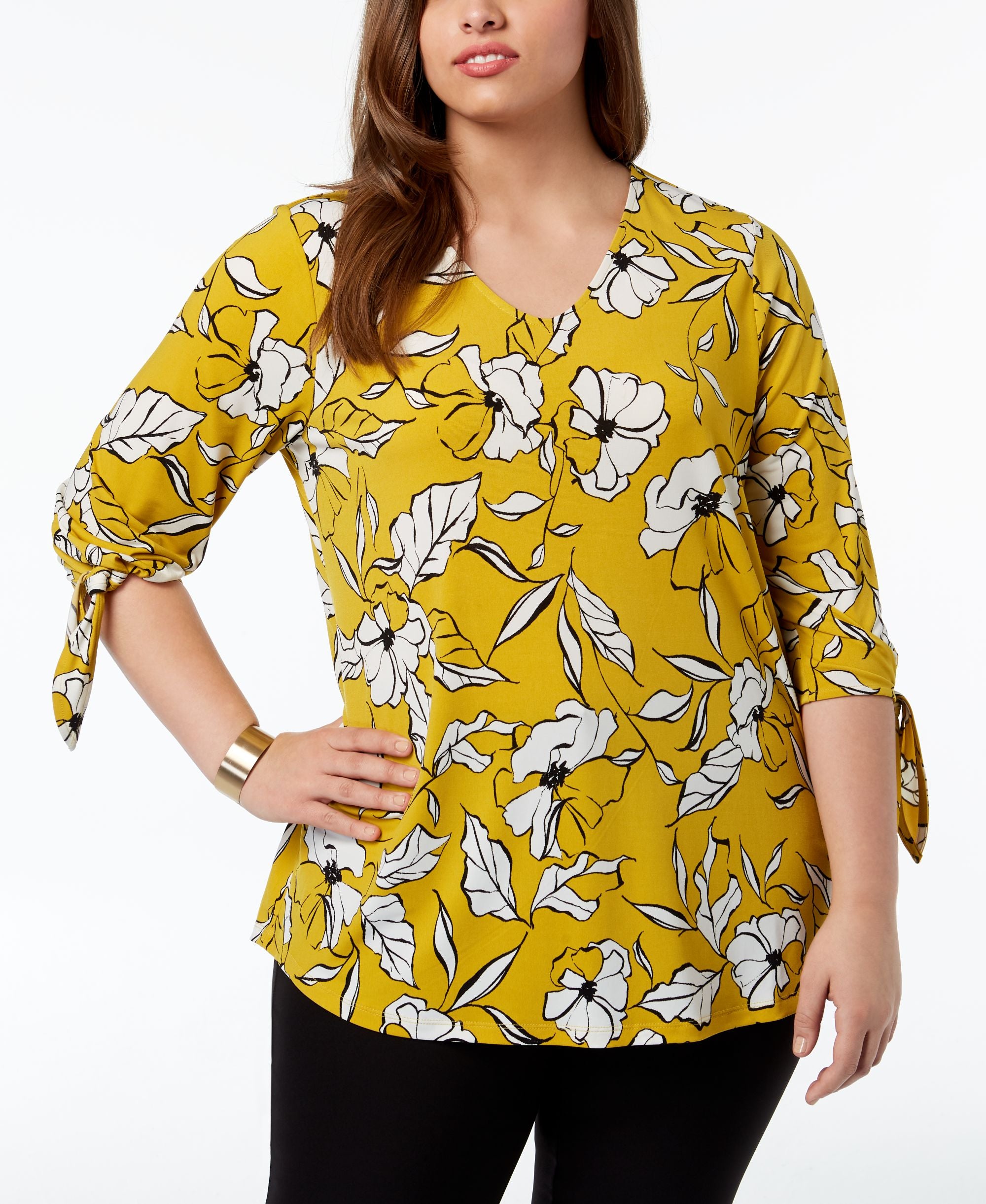 Alfani Plus Size Floral Print Tie Sleeve Top