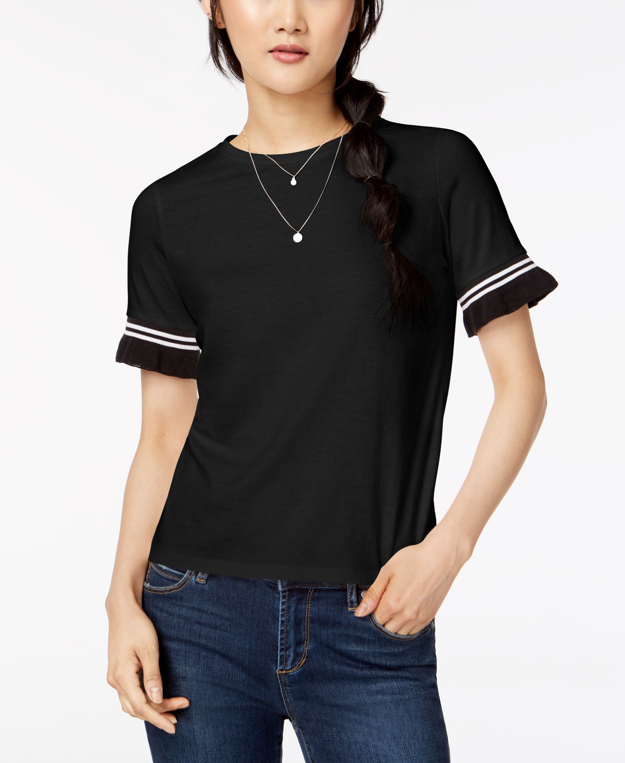 Juniors' Contrast Stripe Ruffle-Sleeve T-Shirt