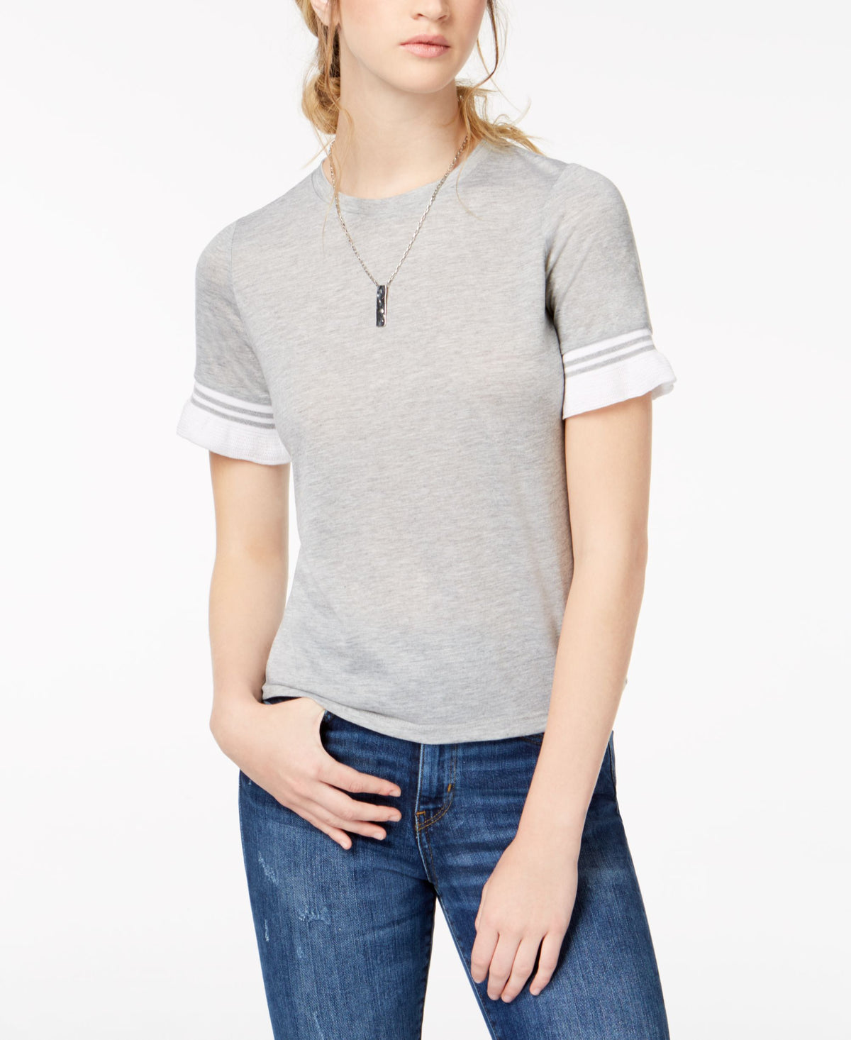 Juniors' Contrast Stripe Ruffle-Sleeve T-Shirt