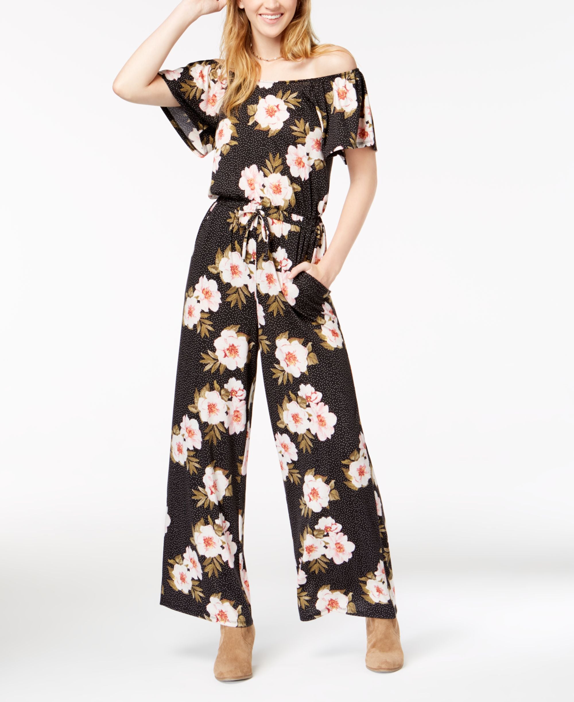 Derek Heart Juniors Printed Off The Shoulder Jumpsuit