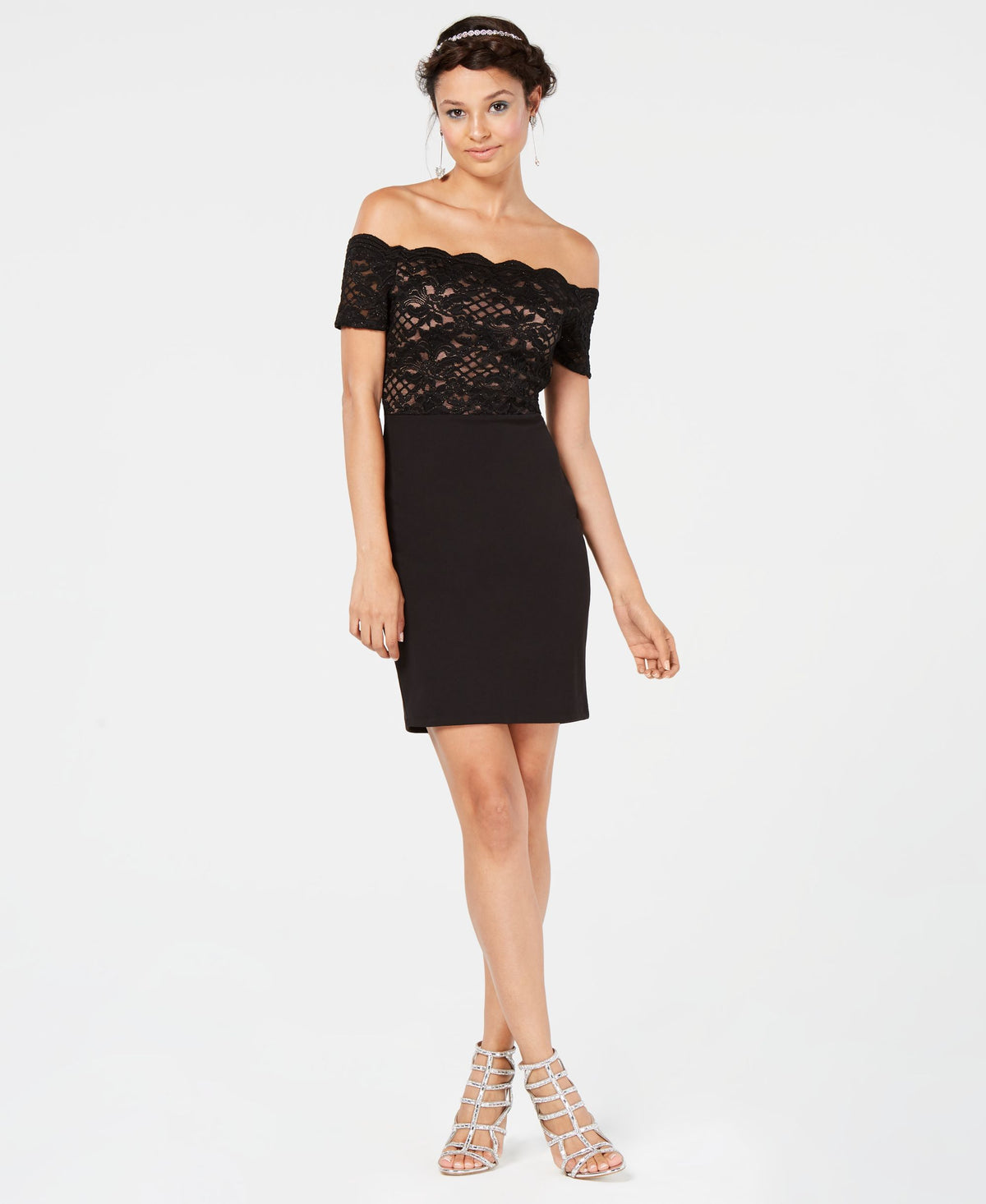 City Studios Juniors Glitter Lace Off The Shoulder Dress