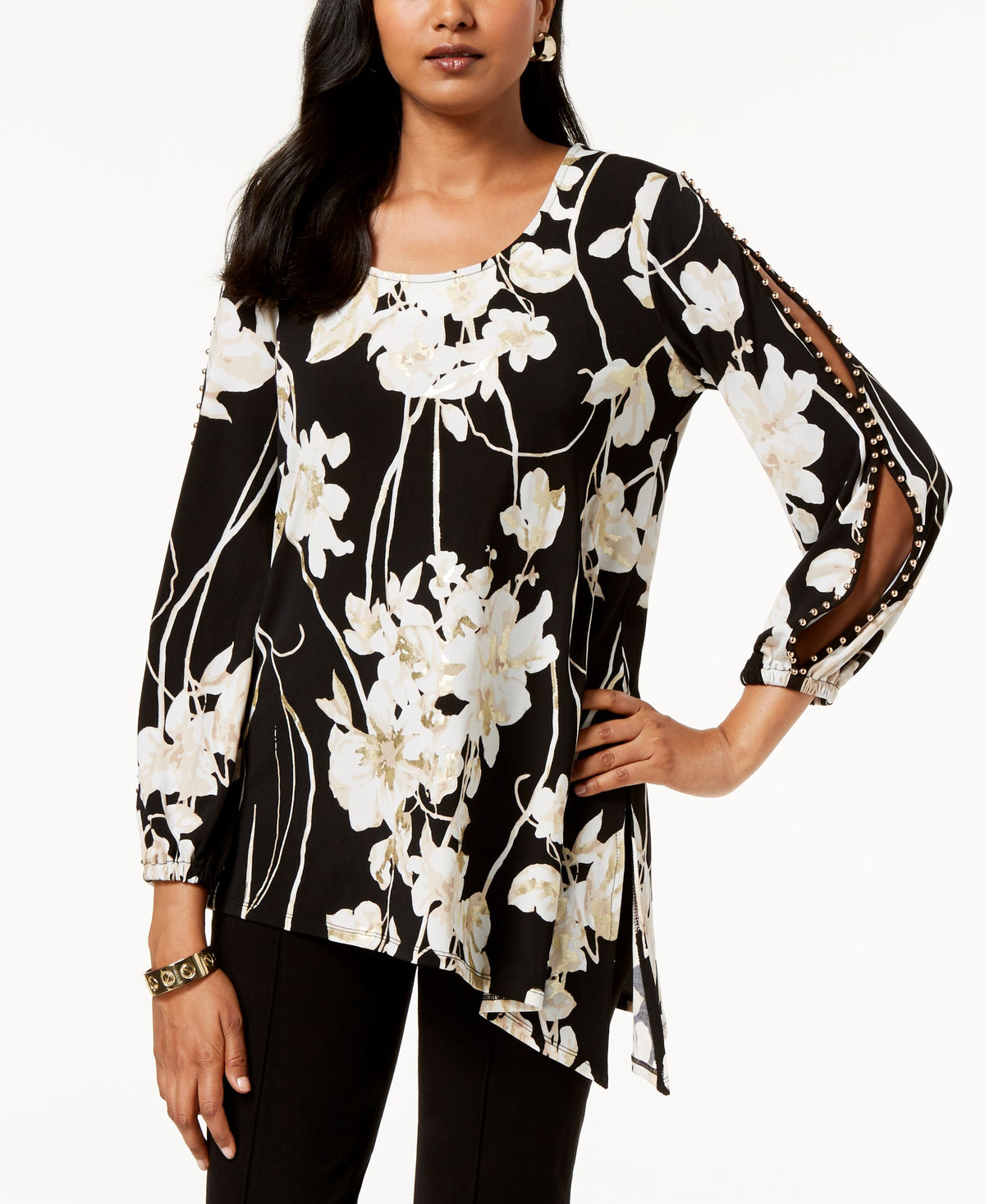 JM Collection Petite Split Sleeve Studded Tunic