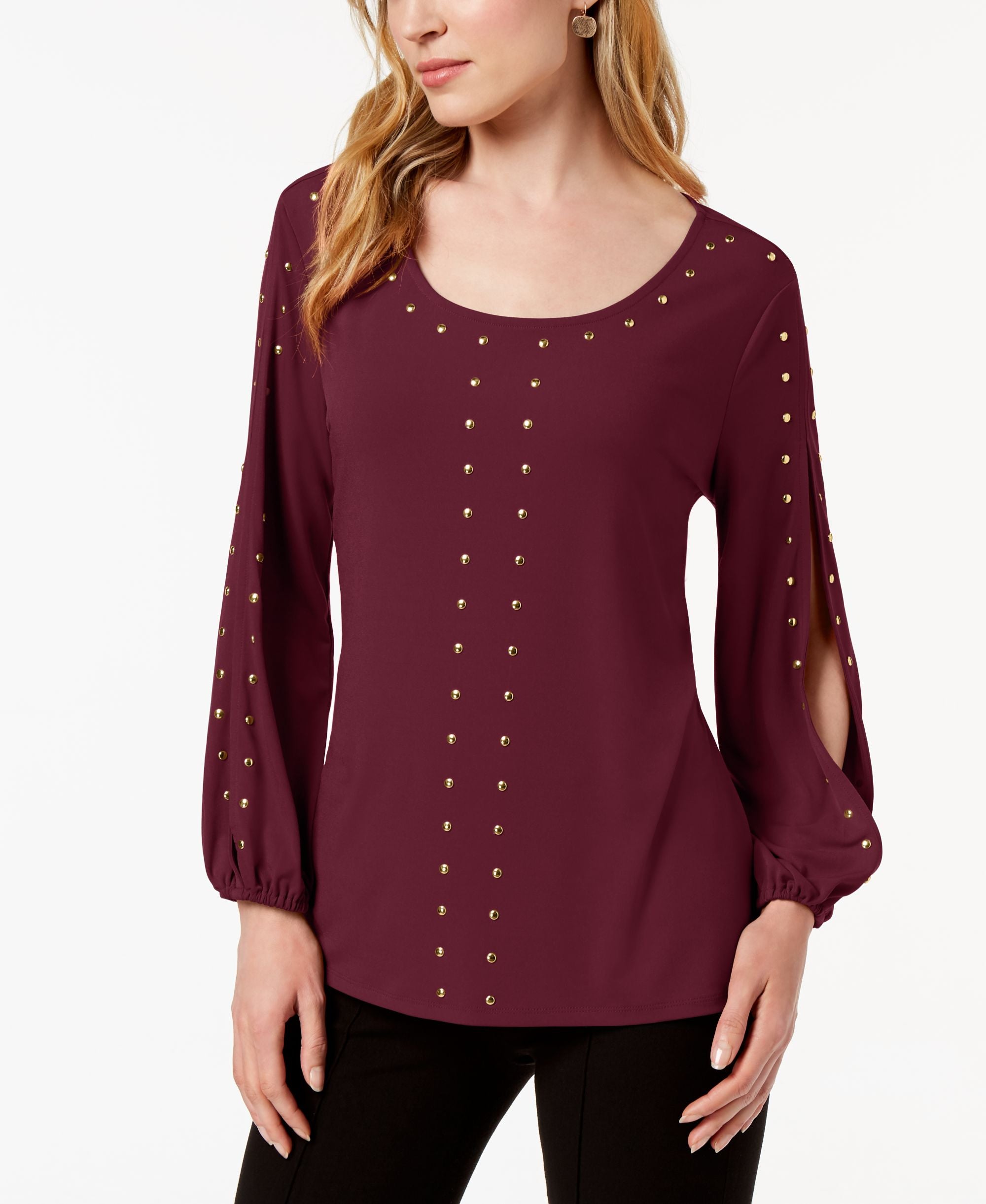 JM Collection Petite Studded Split Sleeve Top