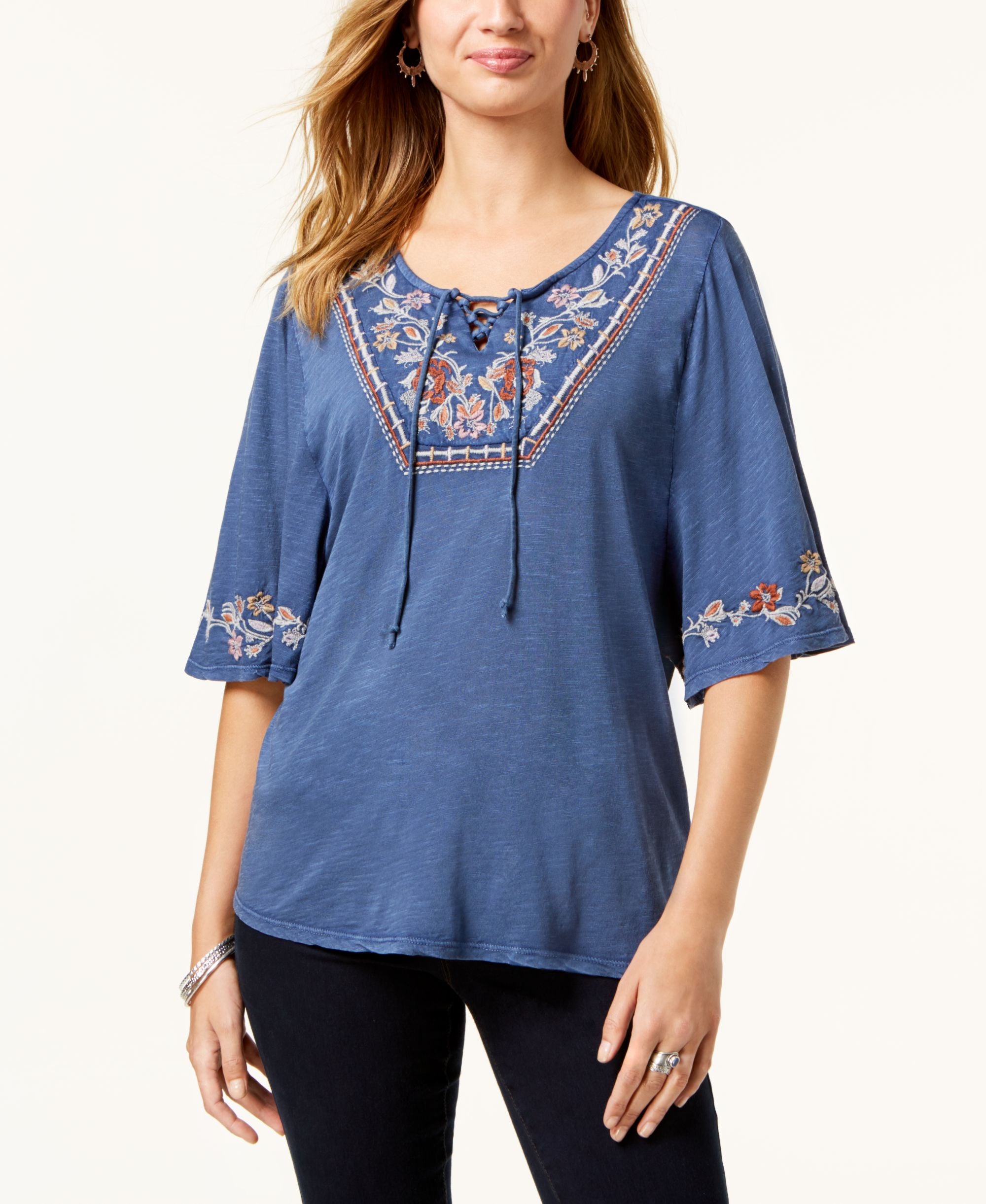 Embroidered Short-Sleeve Peasant Top