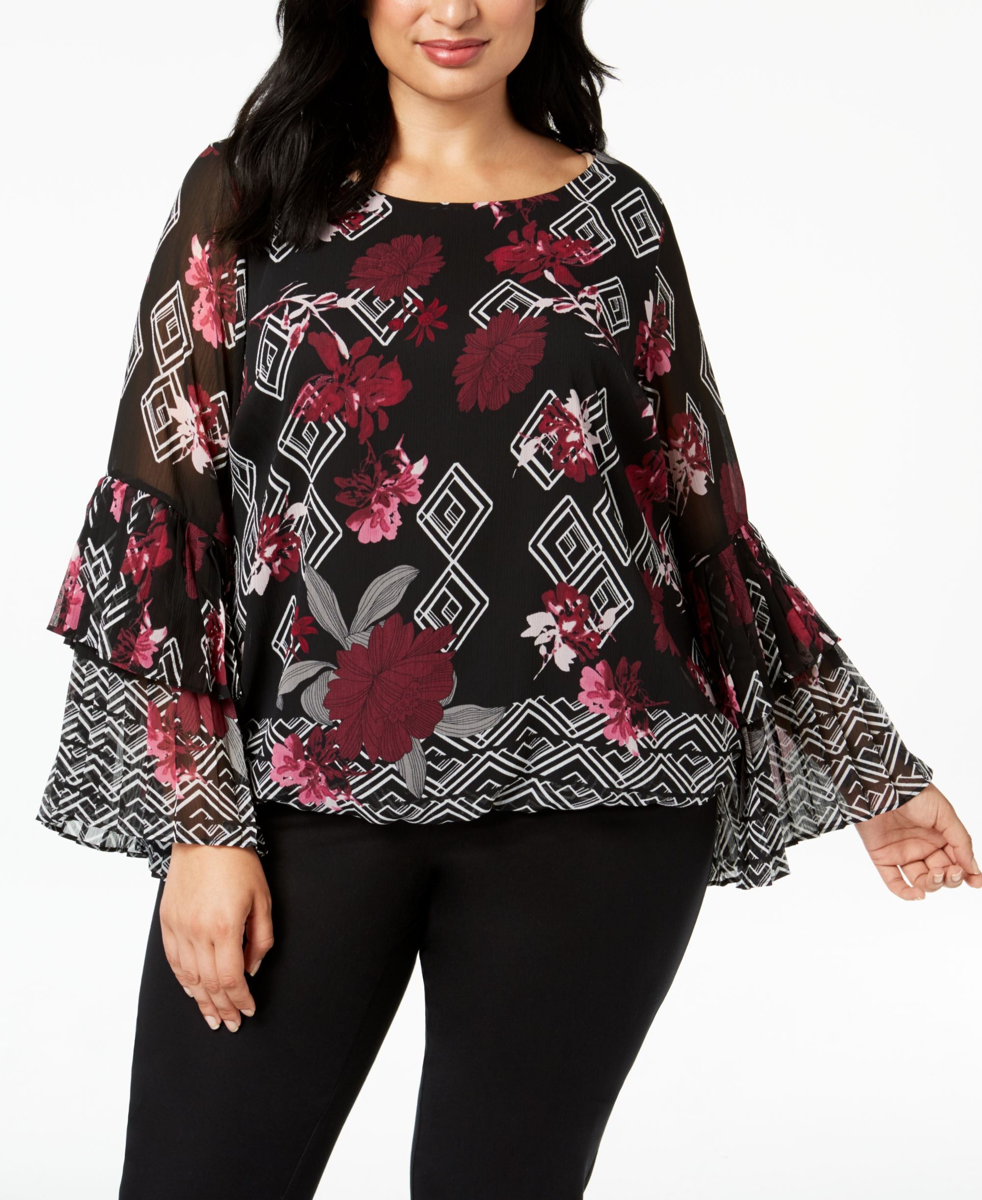 Alfani Plus Size Pleated Sleeve Bubble Top