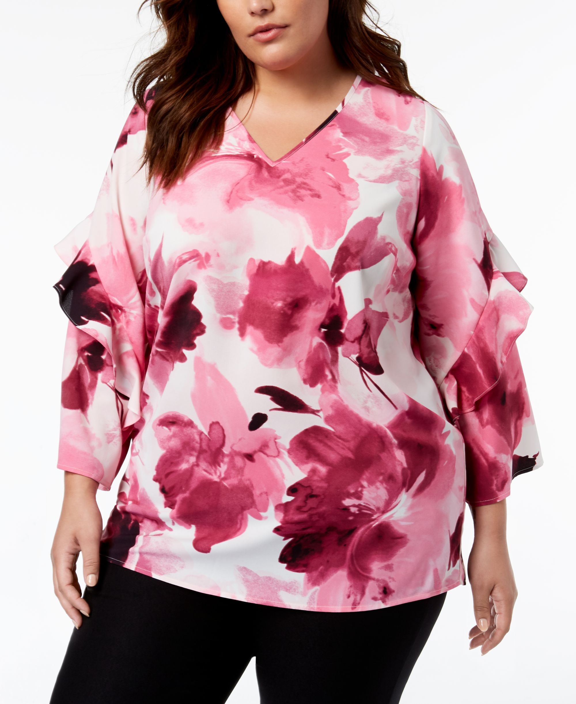 Alfani Plus Size Printed Ruffled Sleeve Zip Back Top