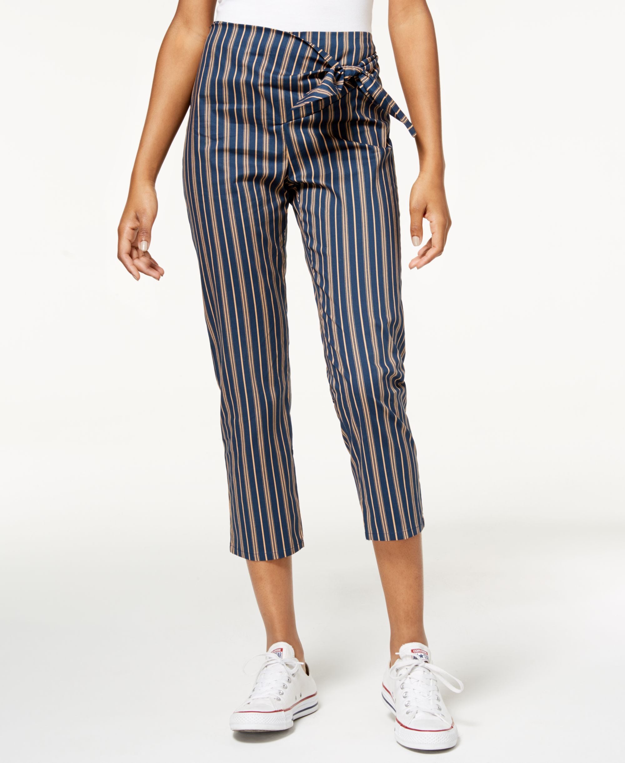 Juniors' Striped Tie-Waist Cropped Pants