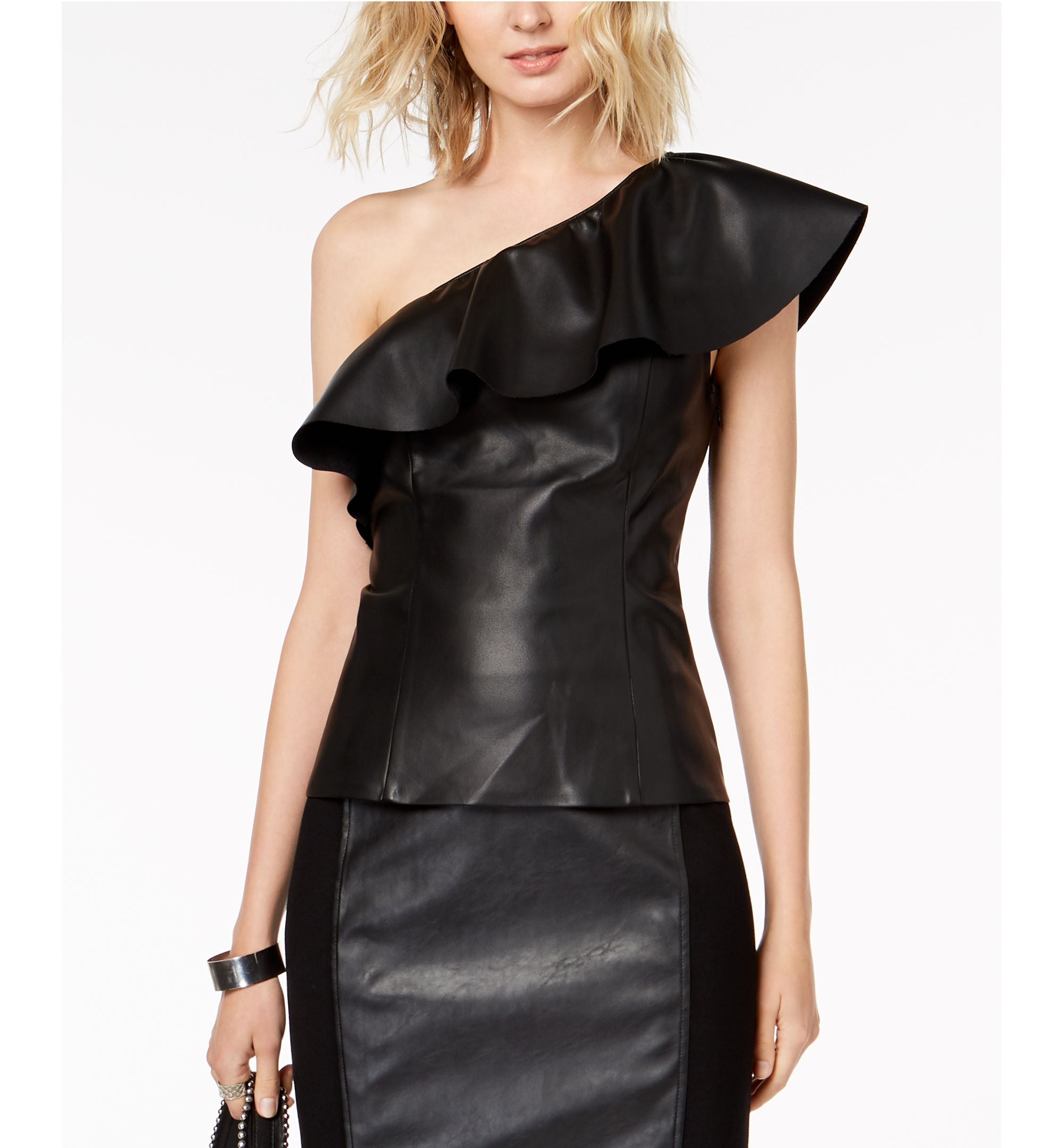 INC Faux Leather One Shoulder Top Deep Black S