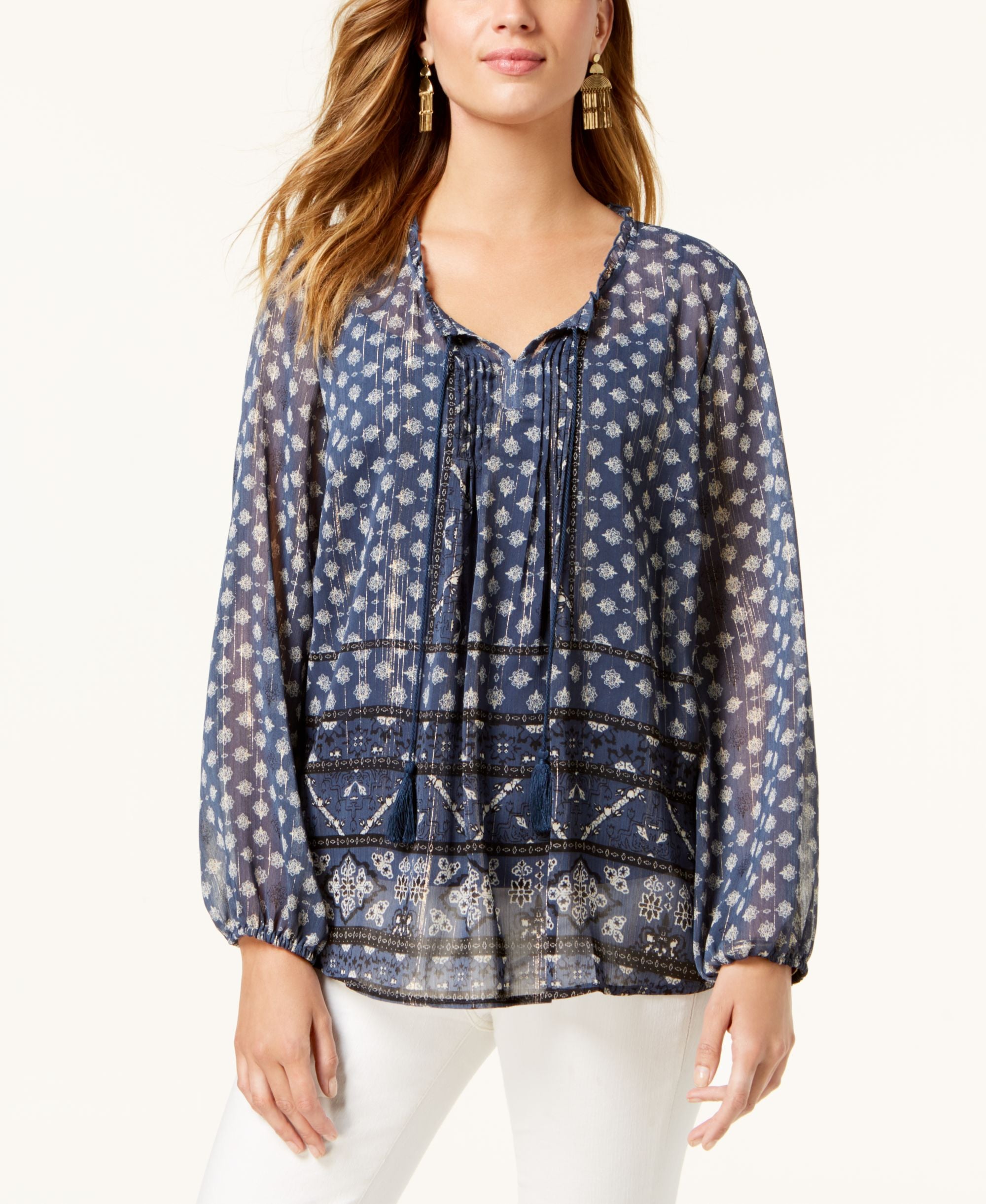 Style & Co Petite Printed Peasant Top