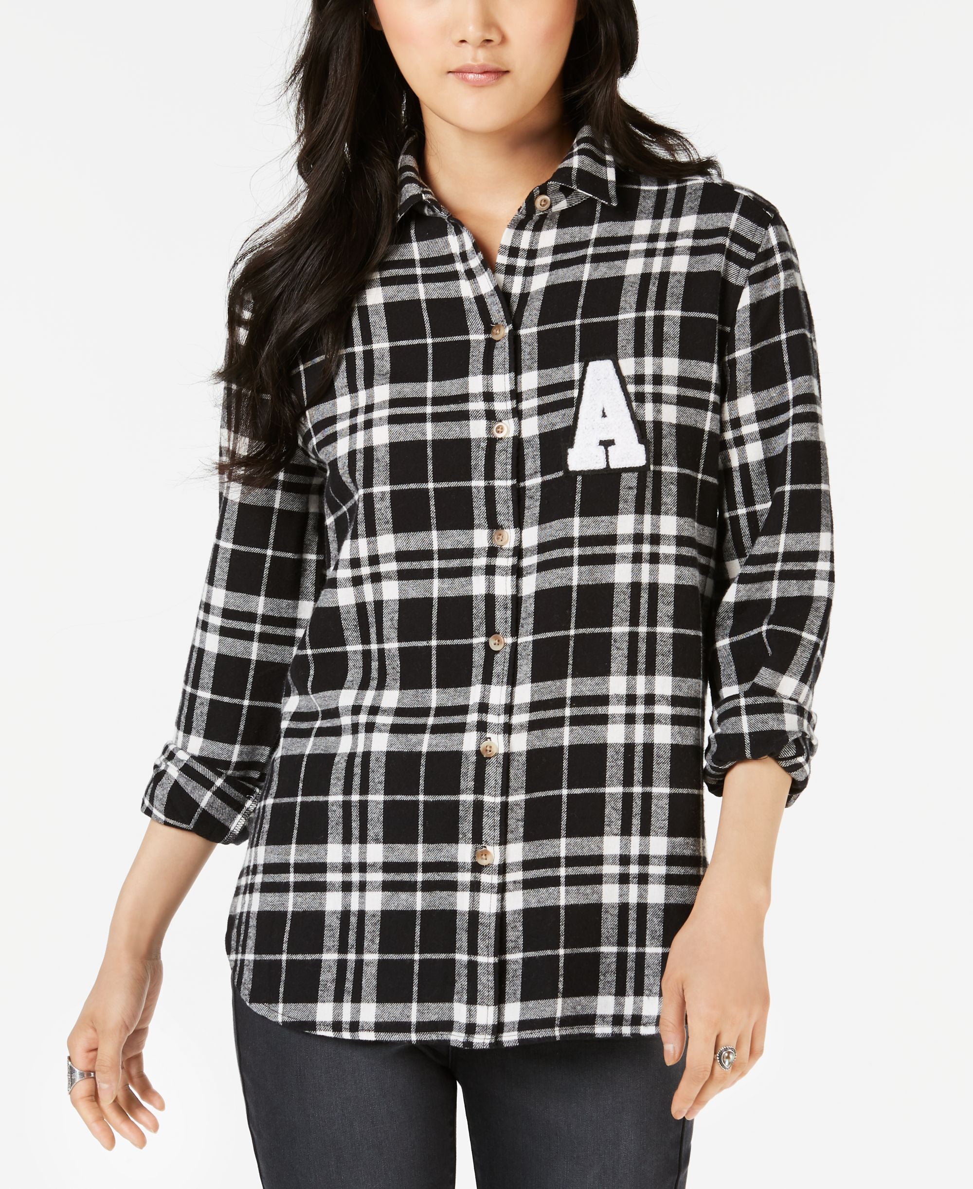 Juniors' Plaid Patch Button-Up Shirt