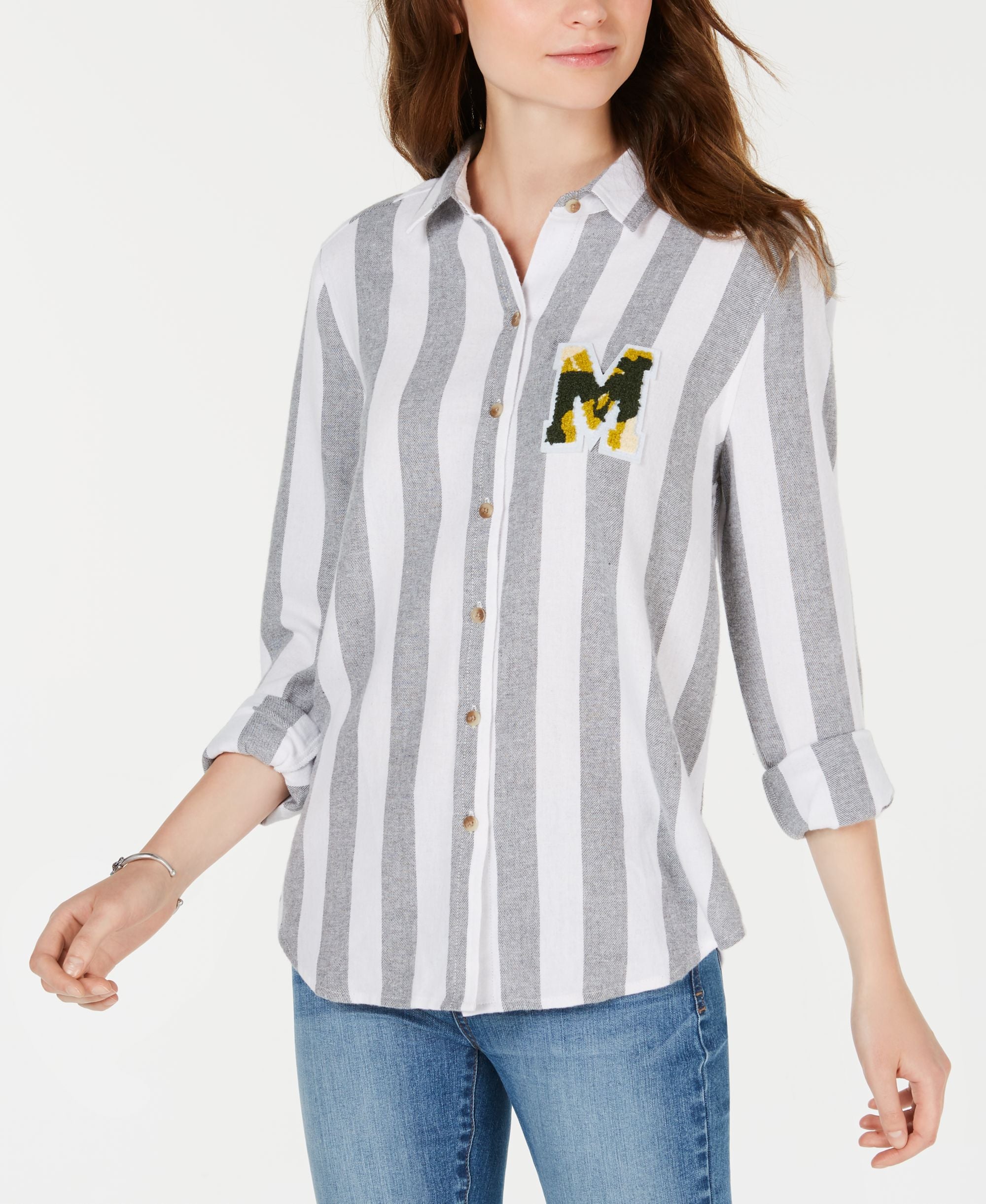Juniors' Plaid Patch Button-Up Shirt
