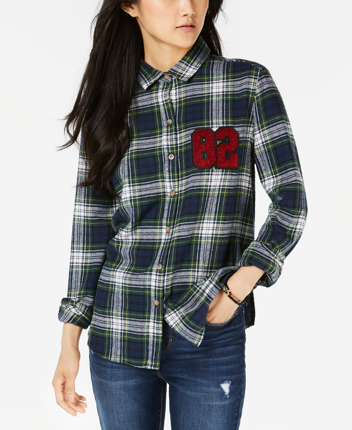 Juniors' Plaid Patch Button-Up Shirt
