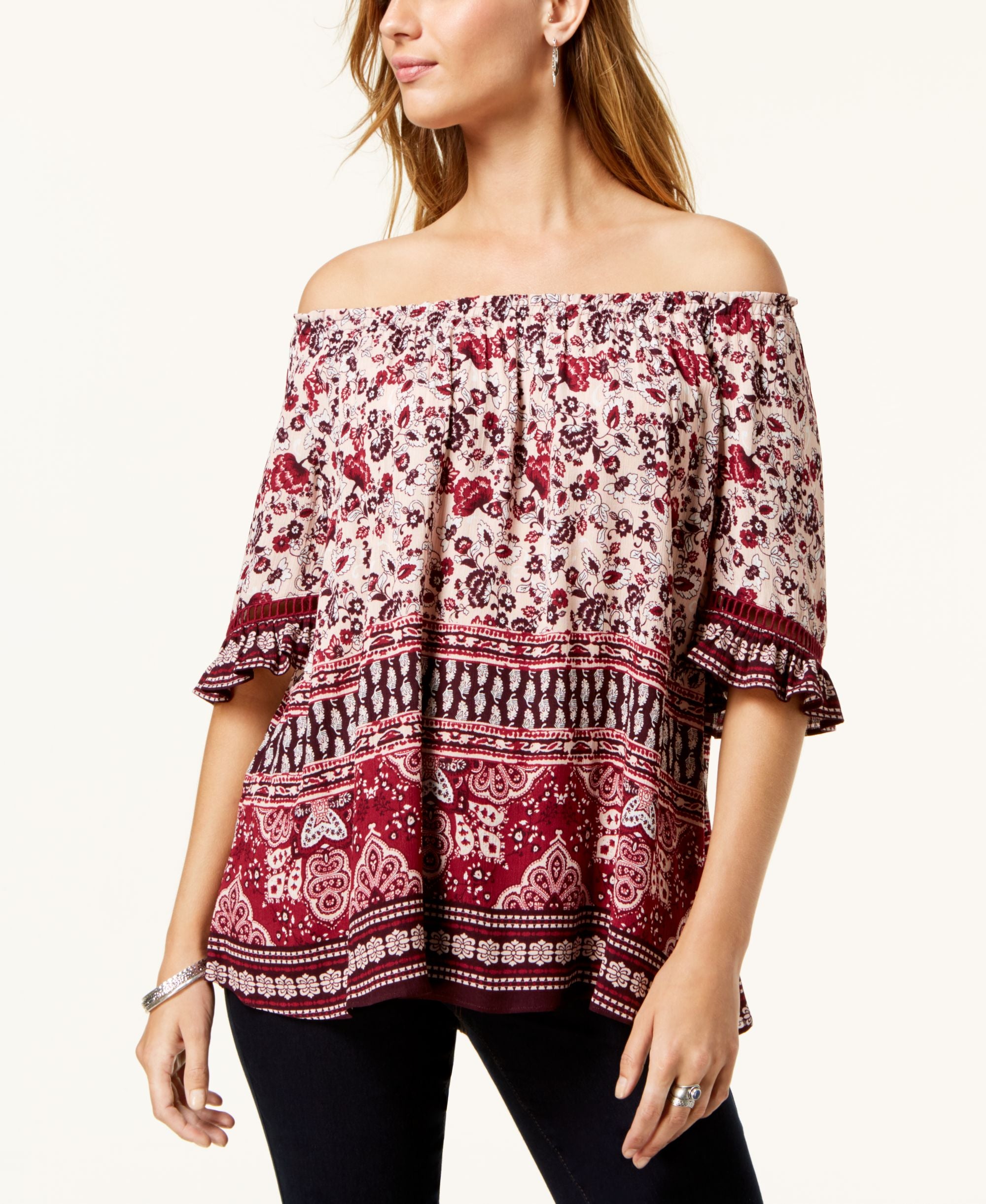 Style & Co Printed Convertible Peasant Top