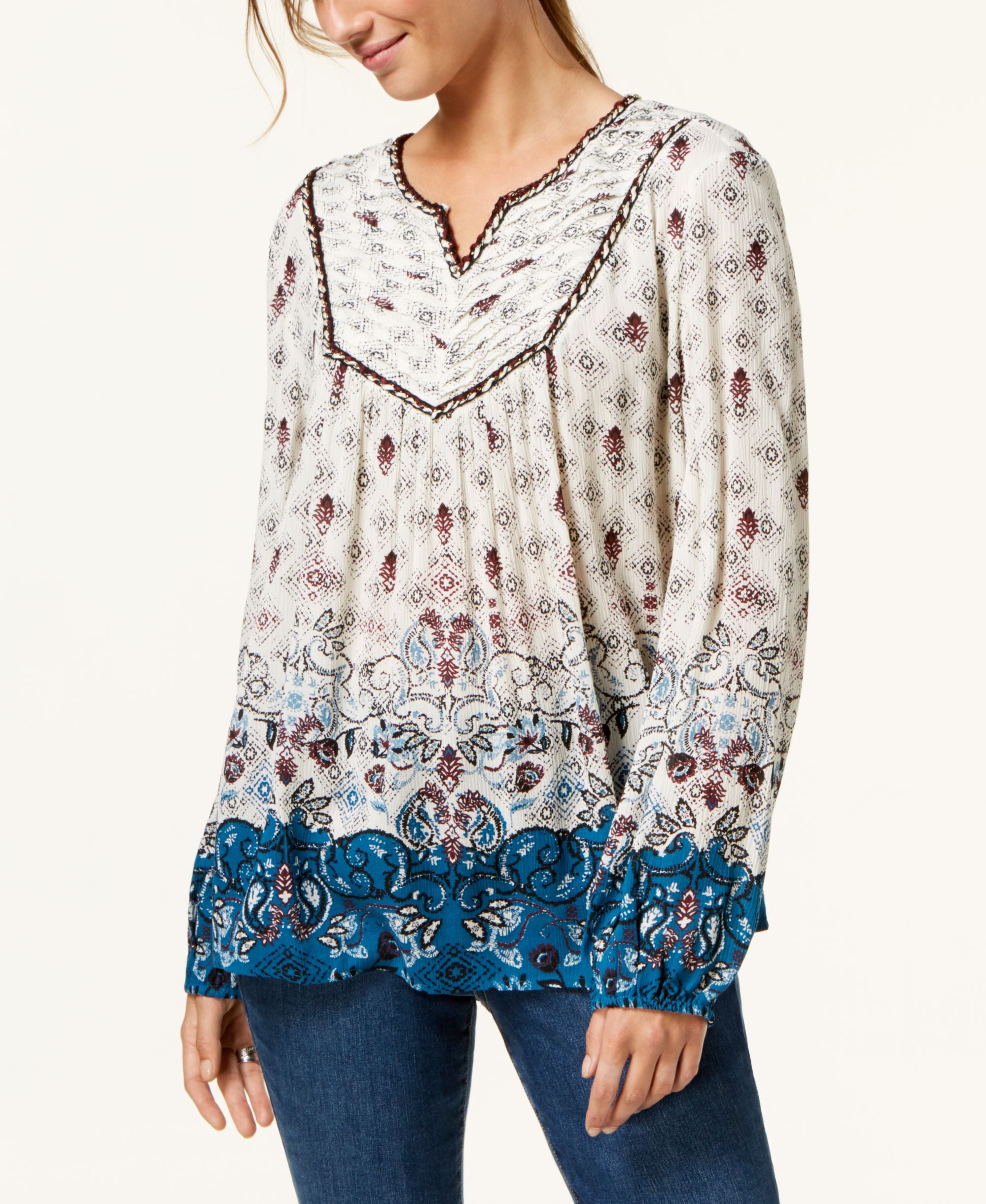 Style & Co Petite Mixed Print Peasant Top