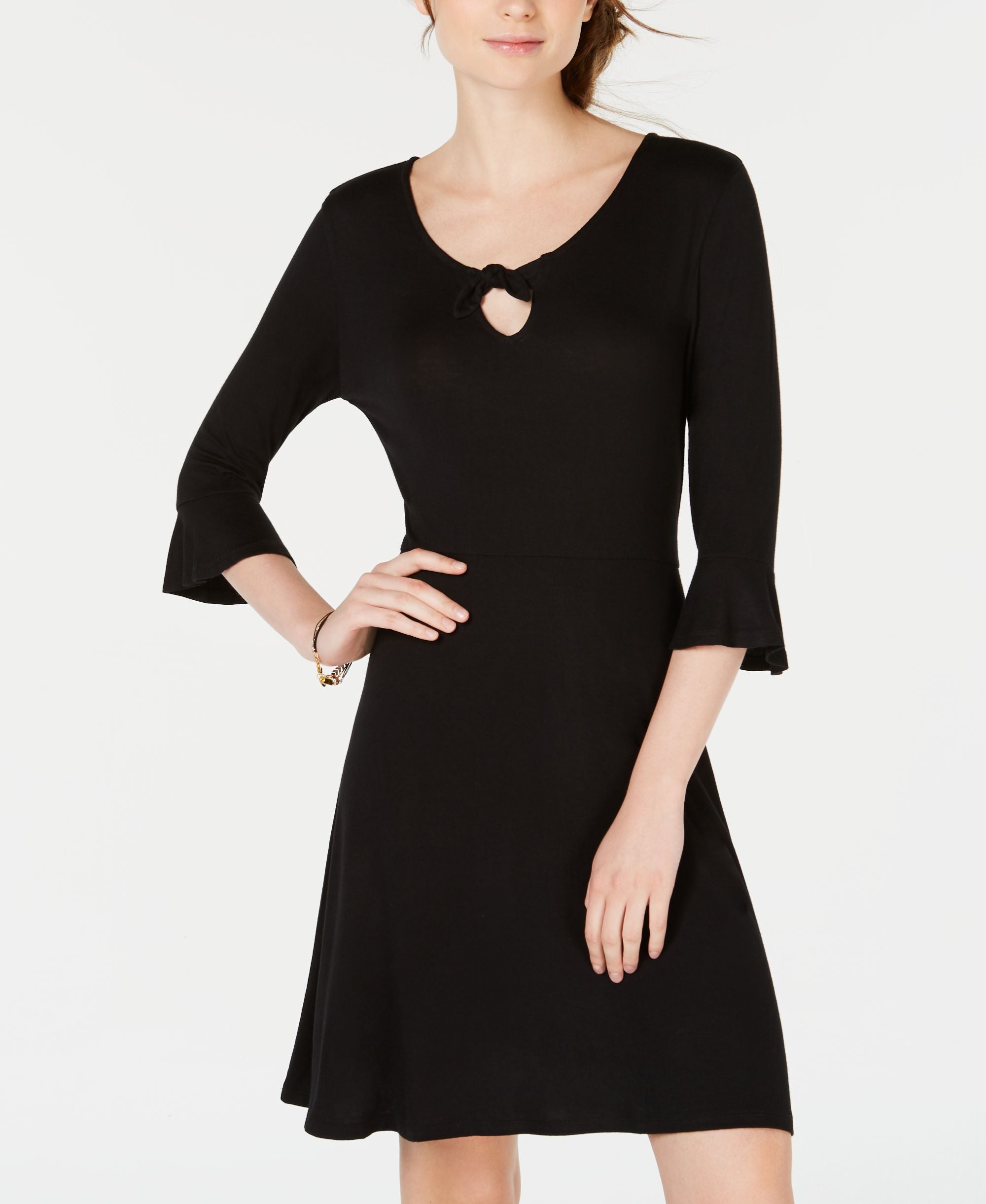 Juniors' Keyhole Printed Bell-Sleeve Dress