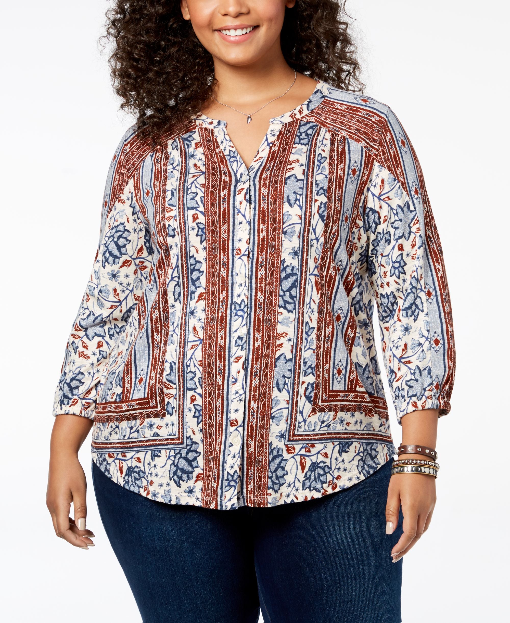 Style & Co Plus Size Mixed Print Peasant Top