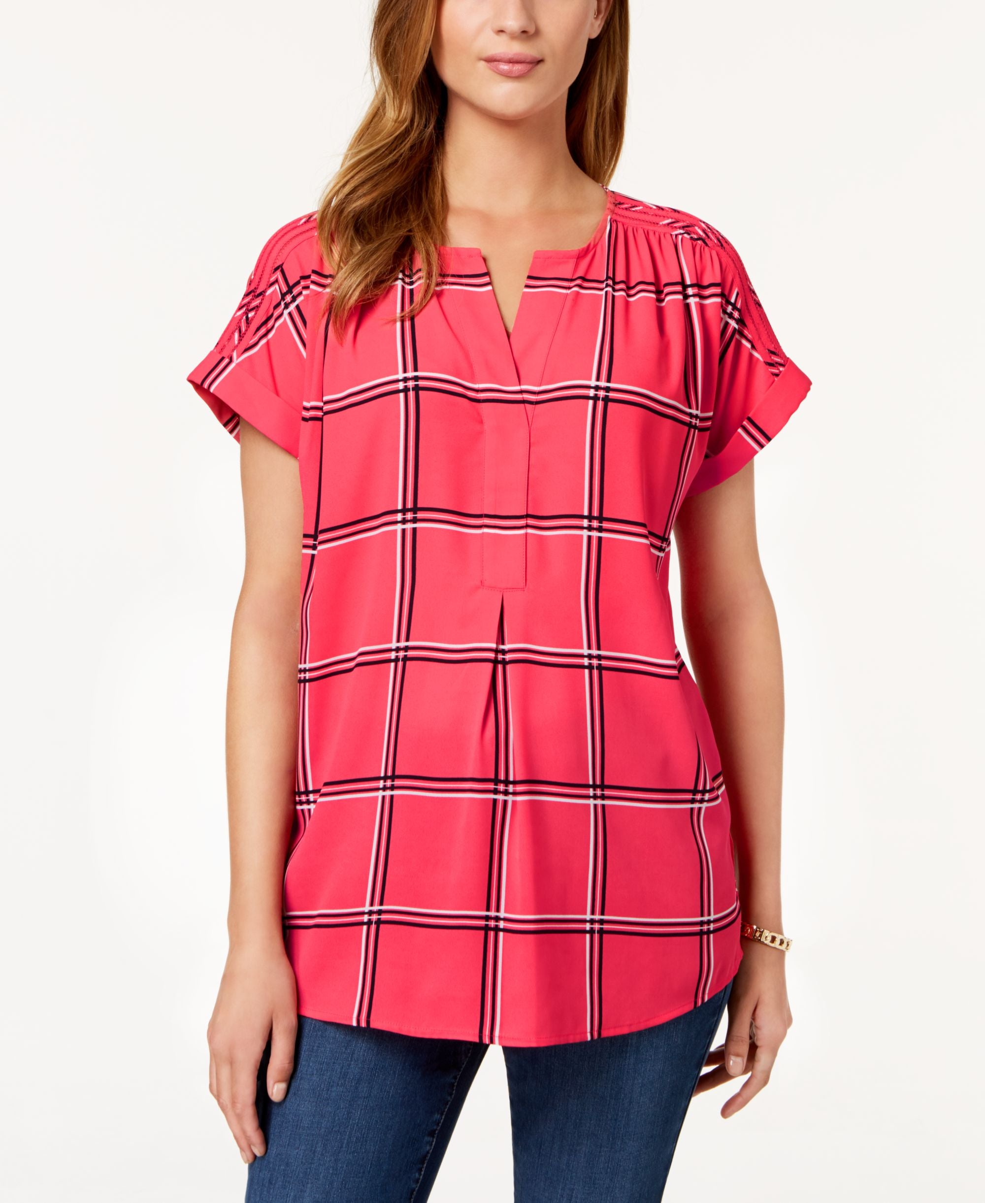Charter Club Petite Printed Split Neck Top