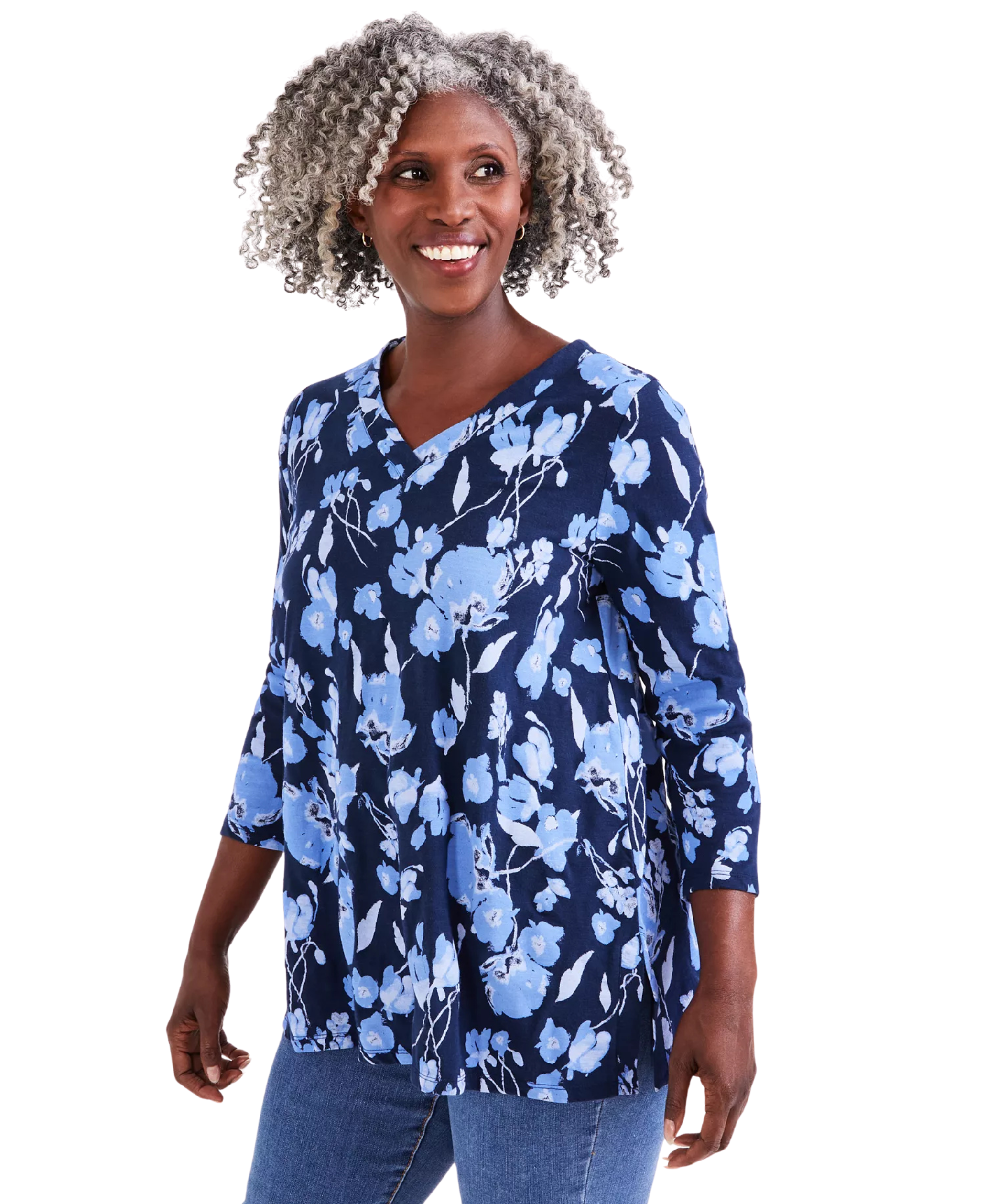 Women's Printed V-neck Knit Tunic Blue Floral L