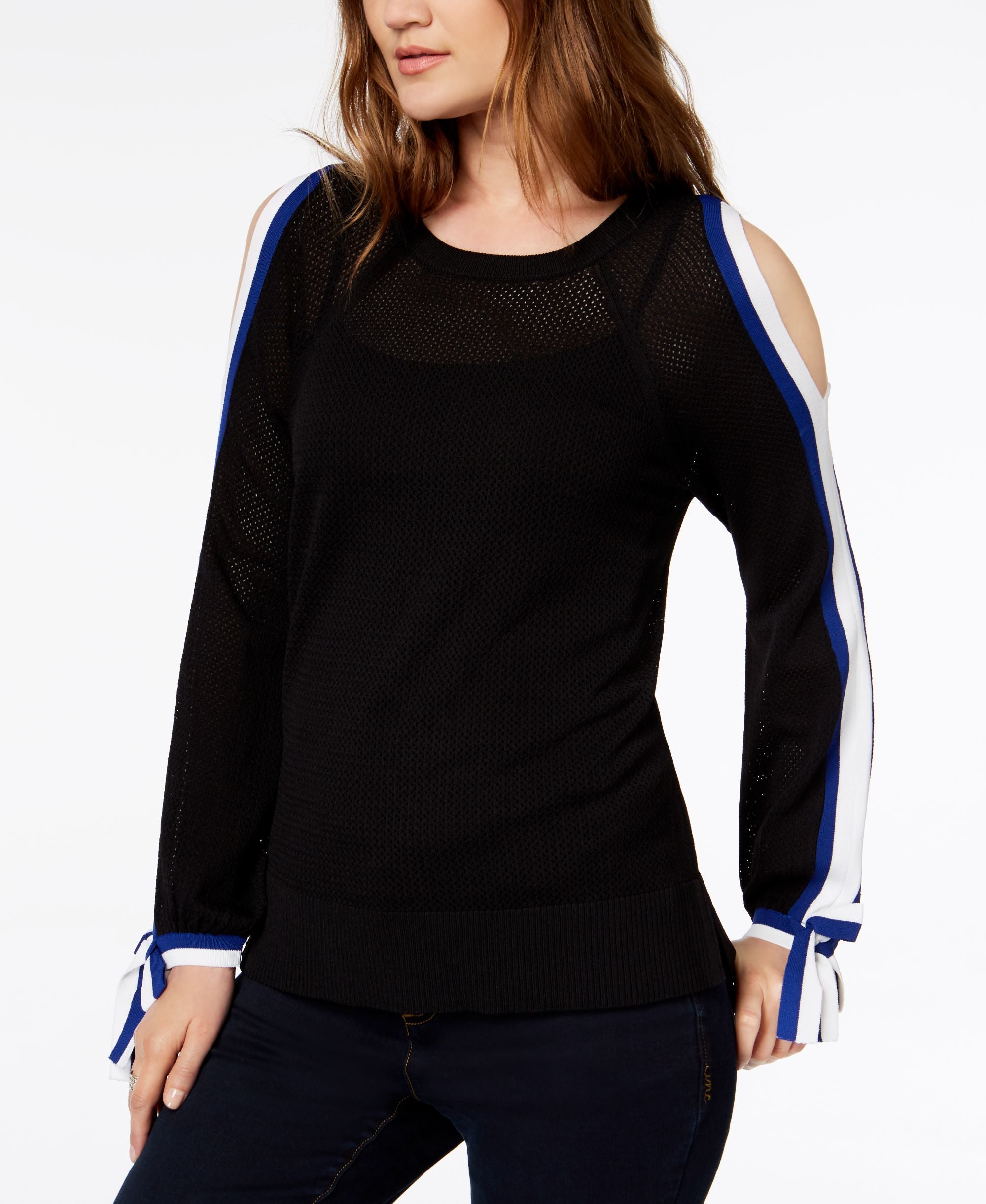 Striped Sleeve Cold Shoulder Top