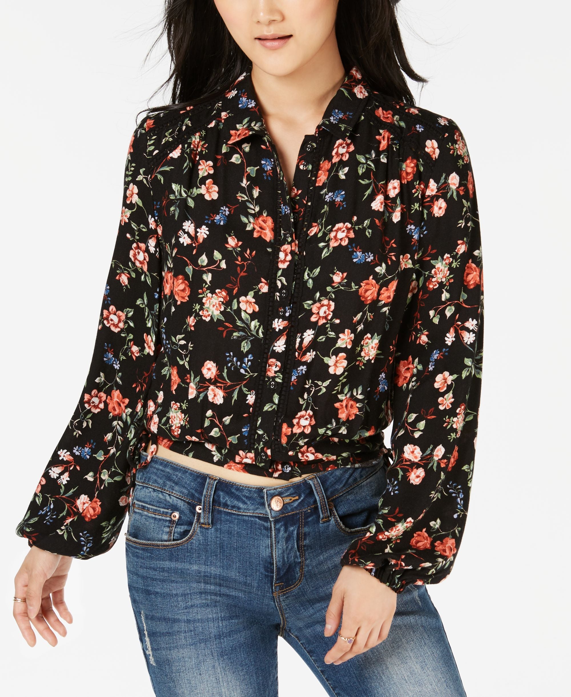 Juniors' Smocked Floral-Print Shirt
