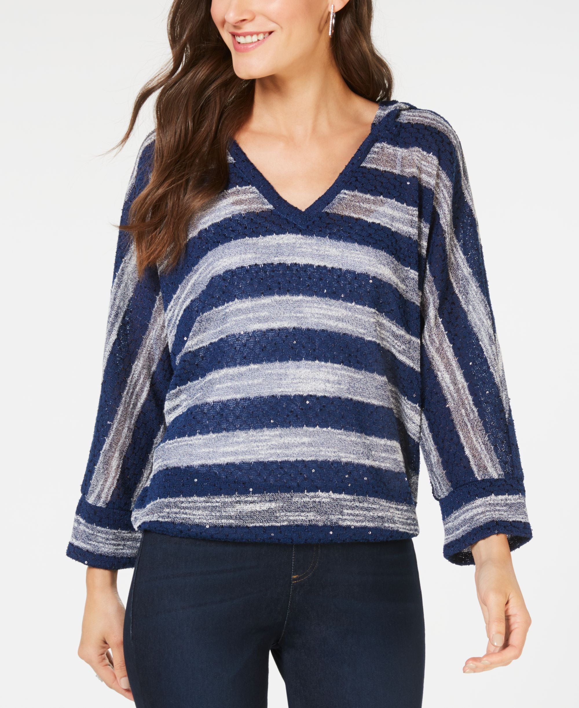 Textured Knit Striped Hooded Top