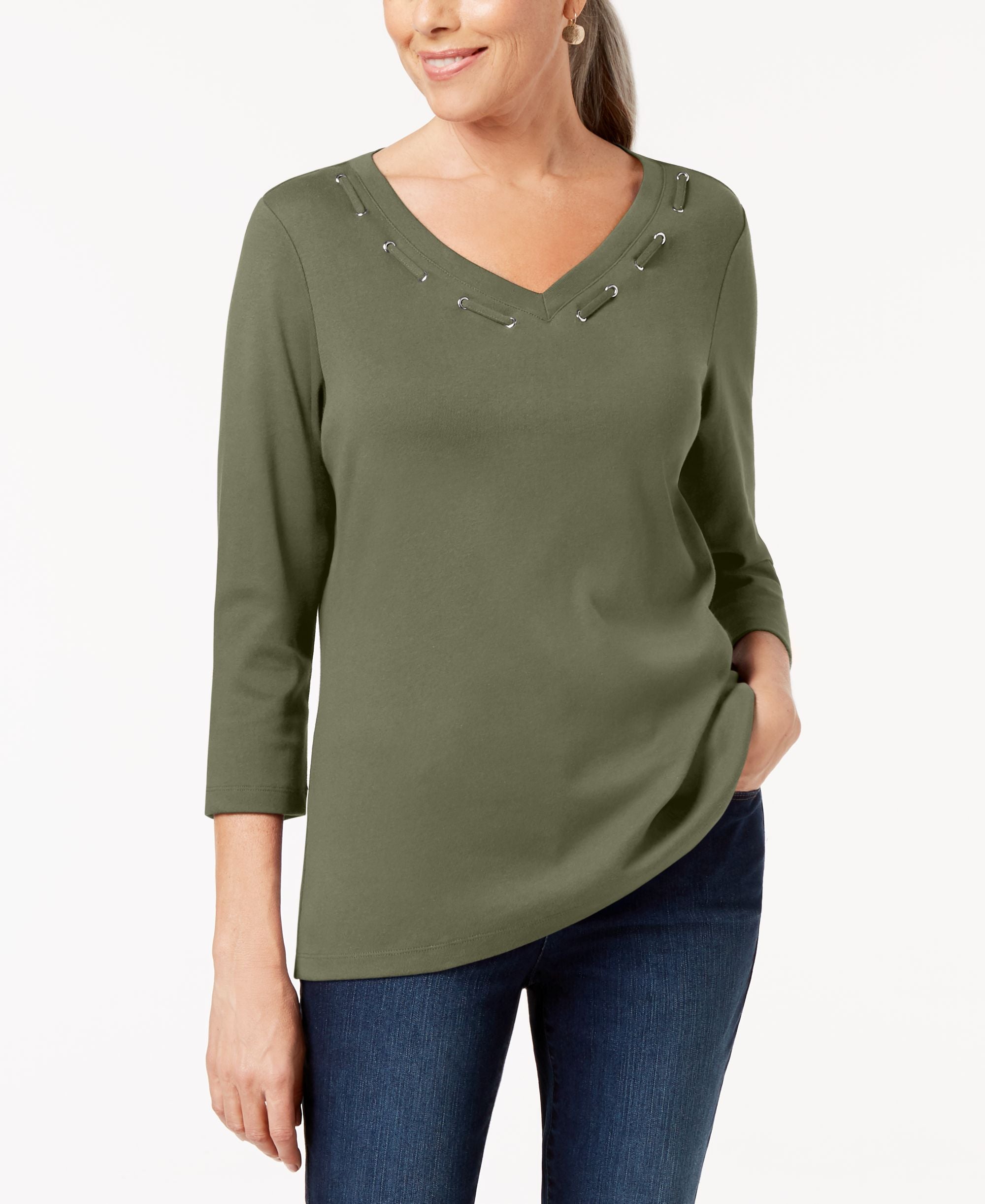 Karen Scott 3/4 Sleeve Cotton Grommet Detail Top