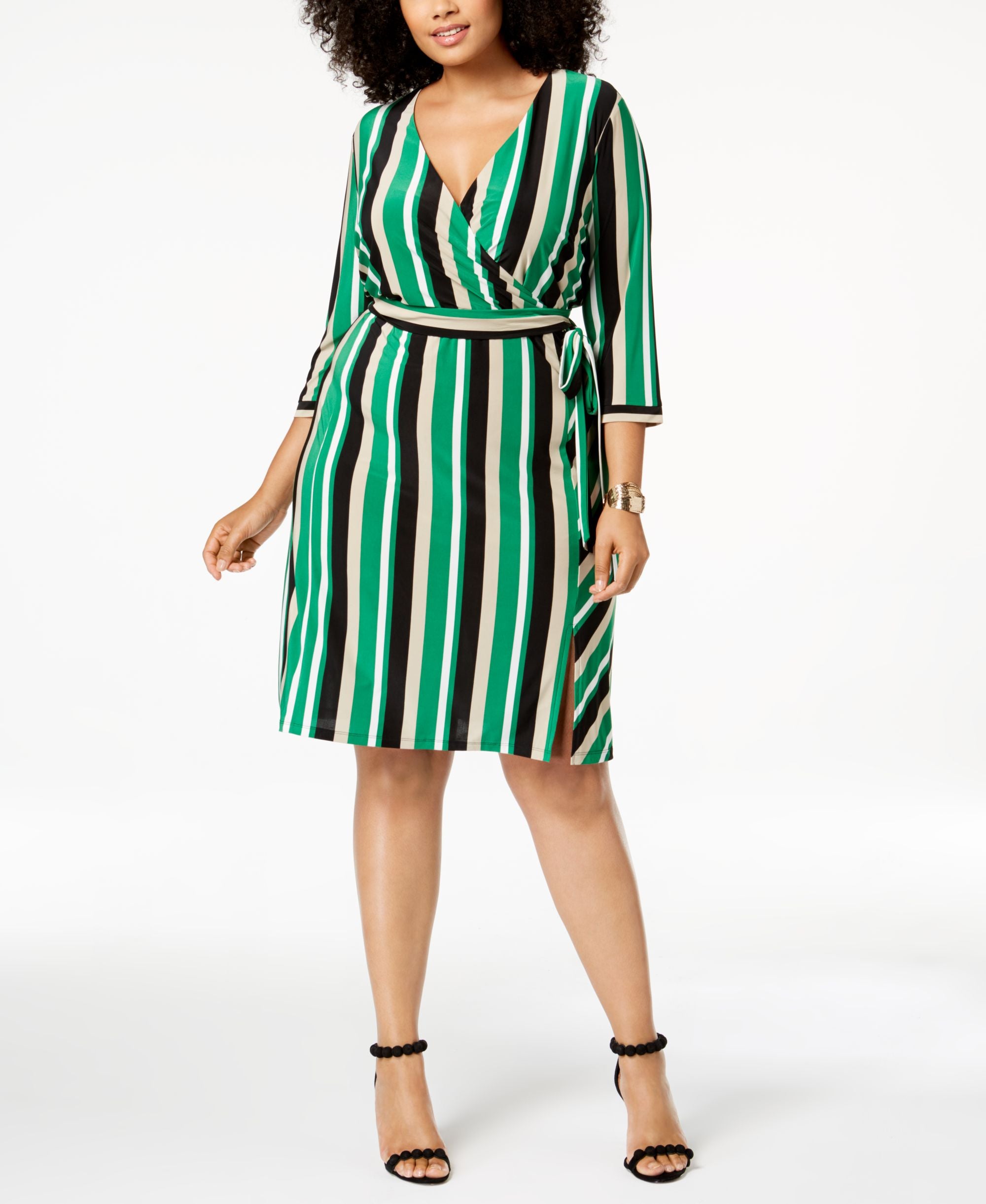 Plus Size Striped Faux Wrap Dress