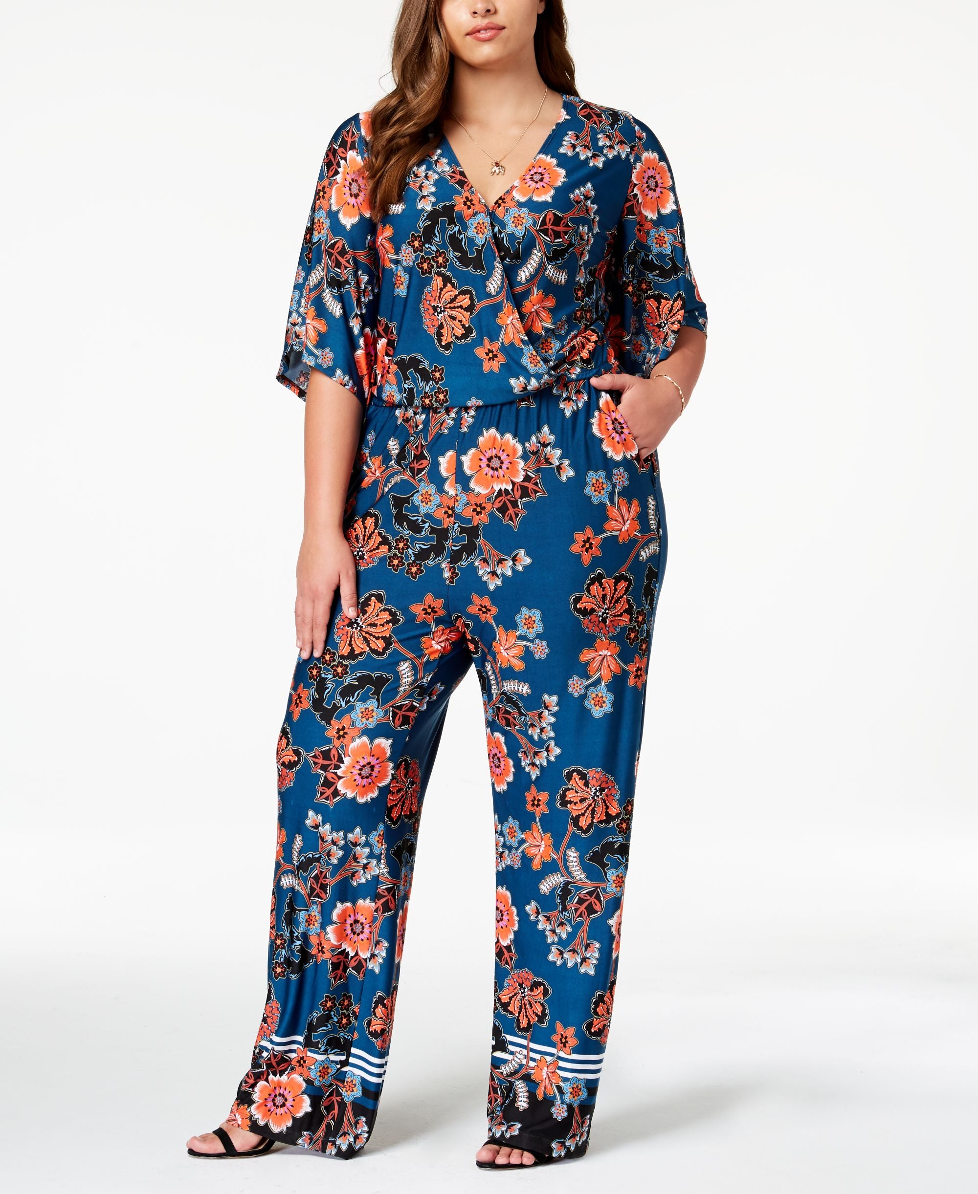 NY Collection Plus Size Printed Kimono Sleeve Jumpsuit