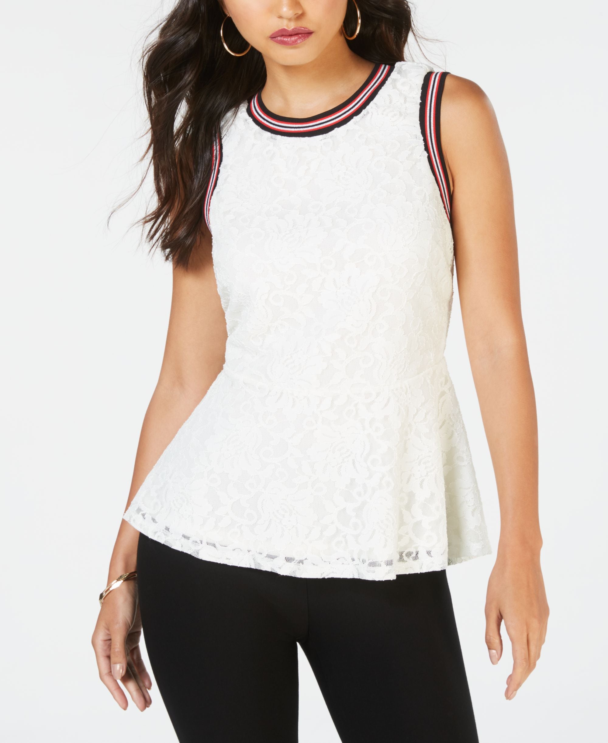 Thalia Sodi Lace Striped Trim Top
