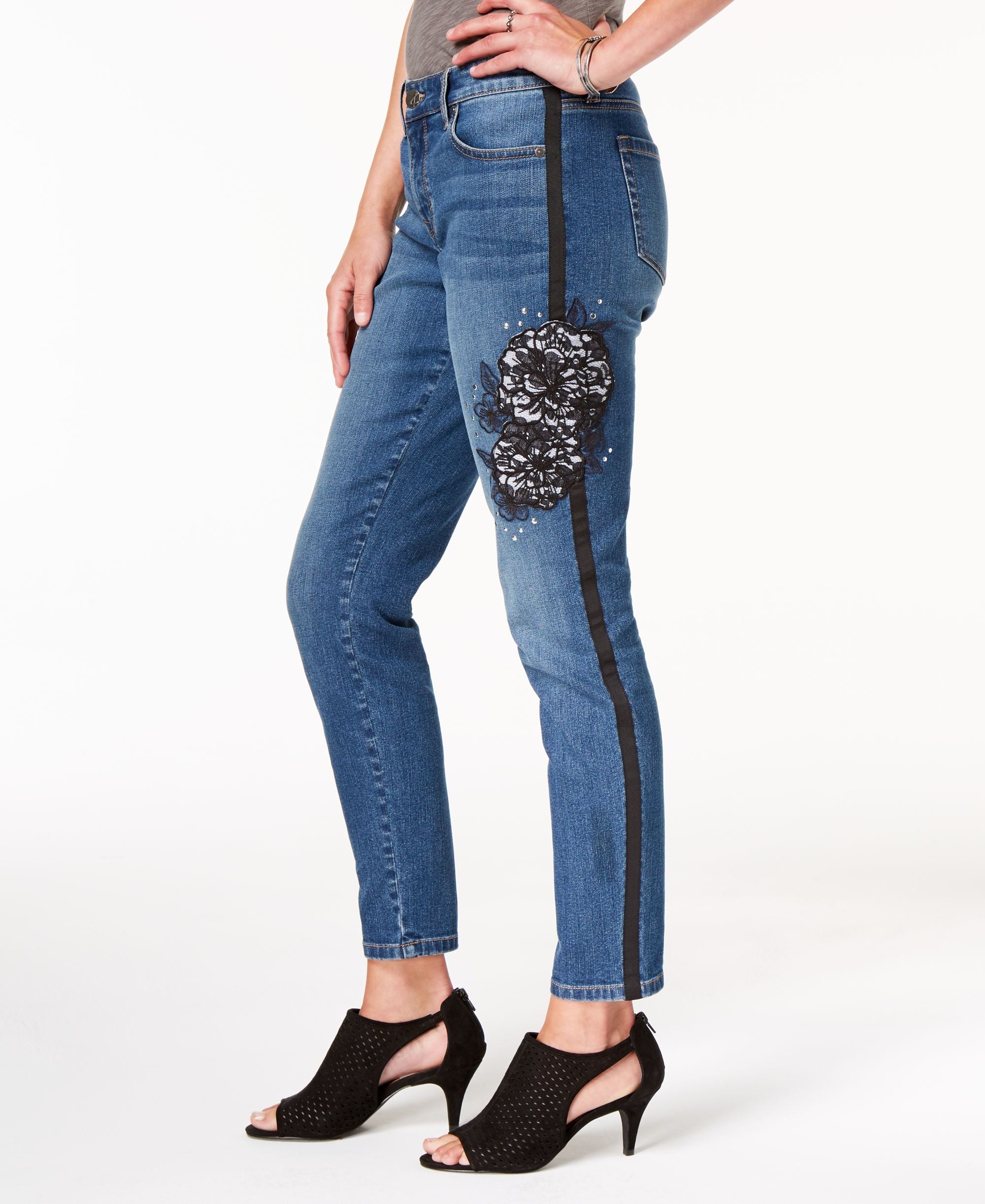 Lace-Detail Studded Jeans