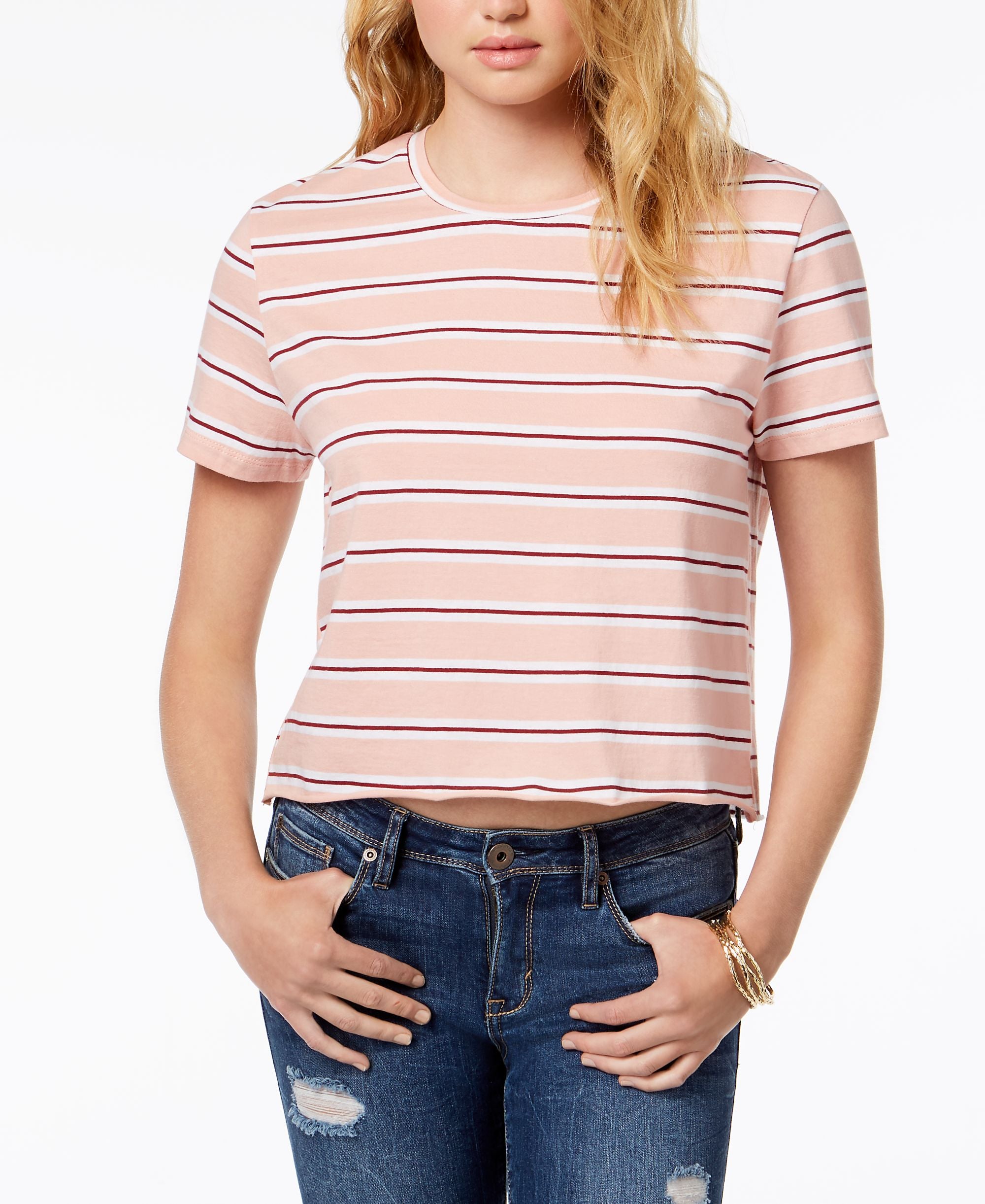 Juniors' Striped Unfinished T-Shirt