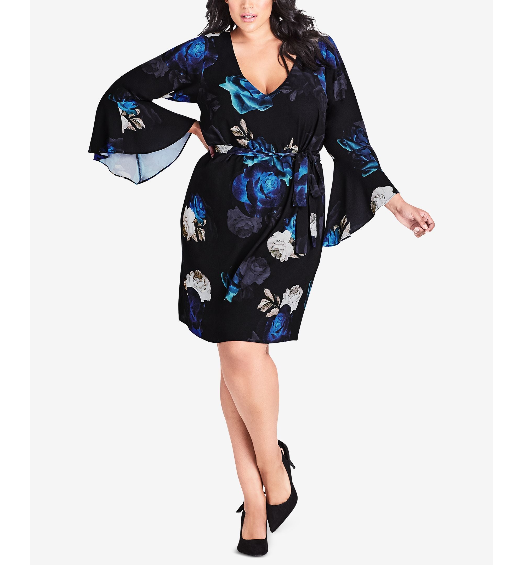 City Chic Trendy Plus Size Printed Bell Sleeve Dress