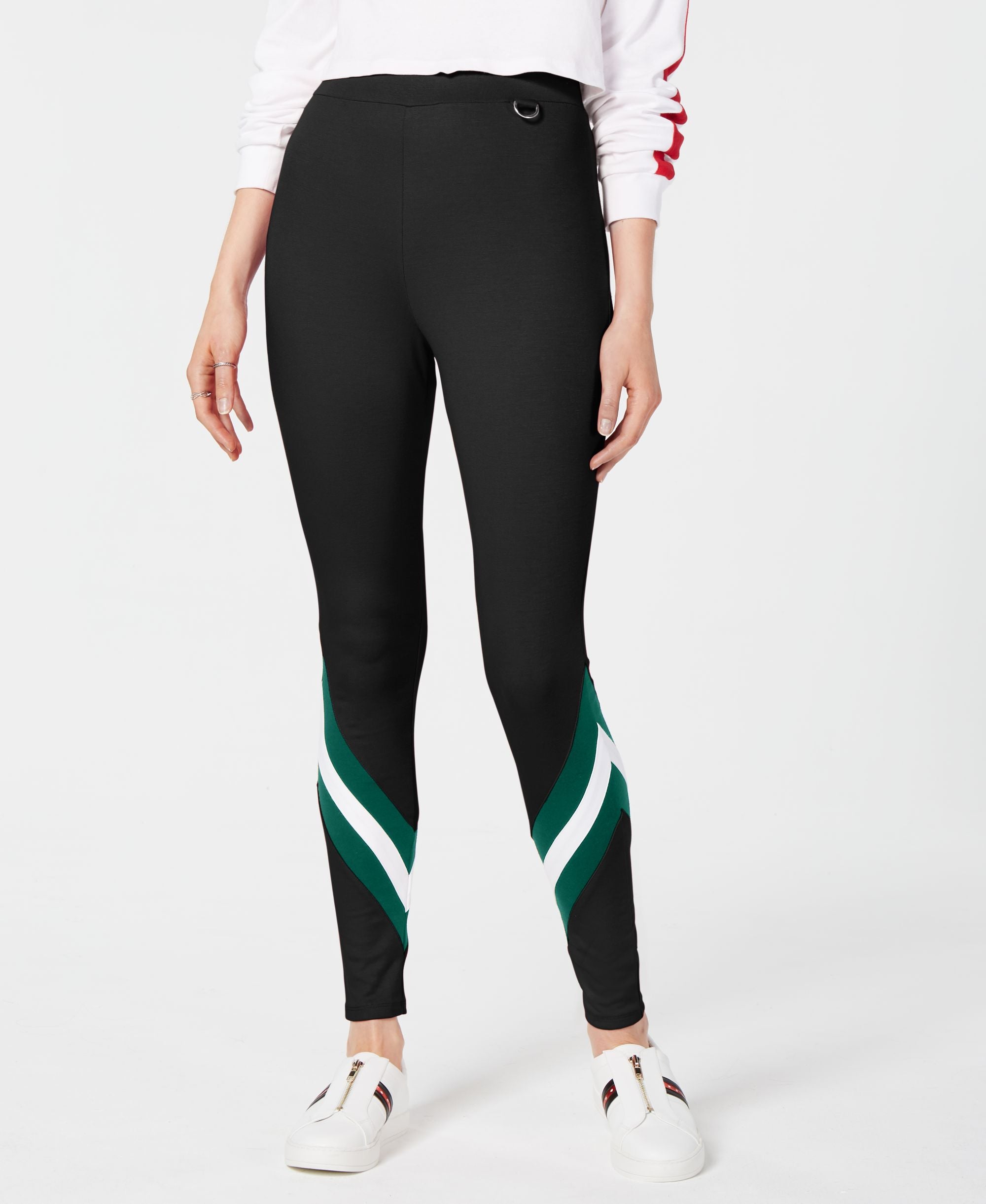 Striped Hardware-Detail Leggings