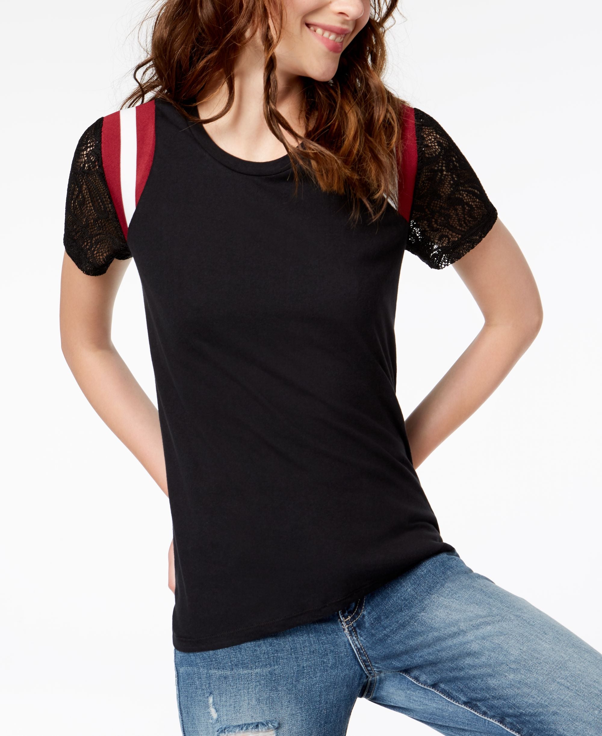 Juniors' Lace-Sleeve Striped-Shoulder Top