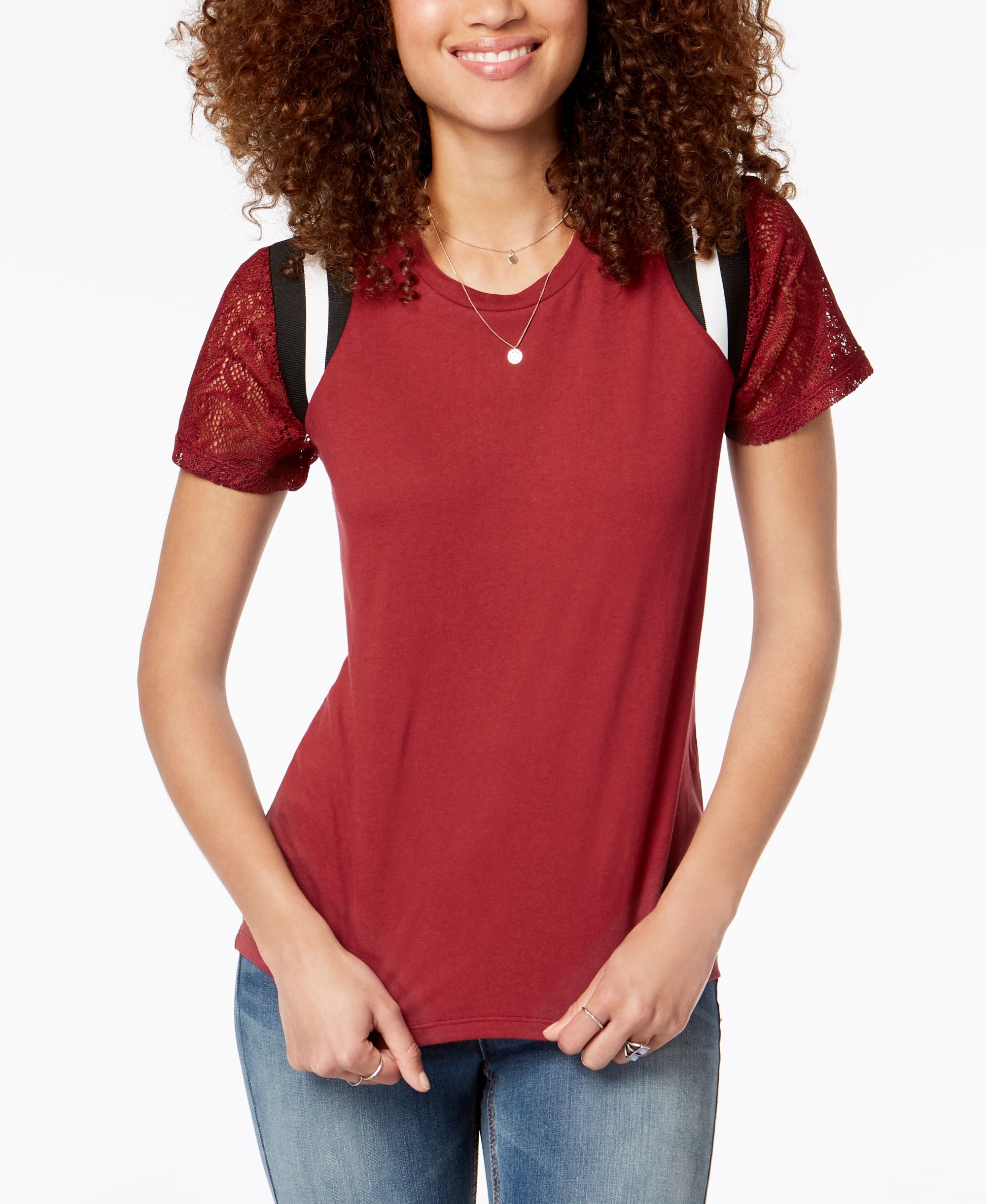 Juniors' Lace-Sleeve Striped-Shoulder Top