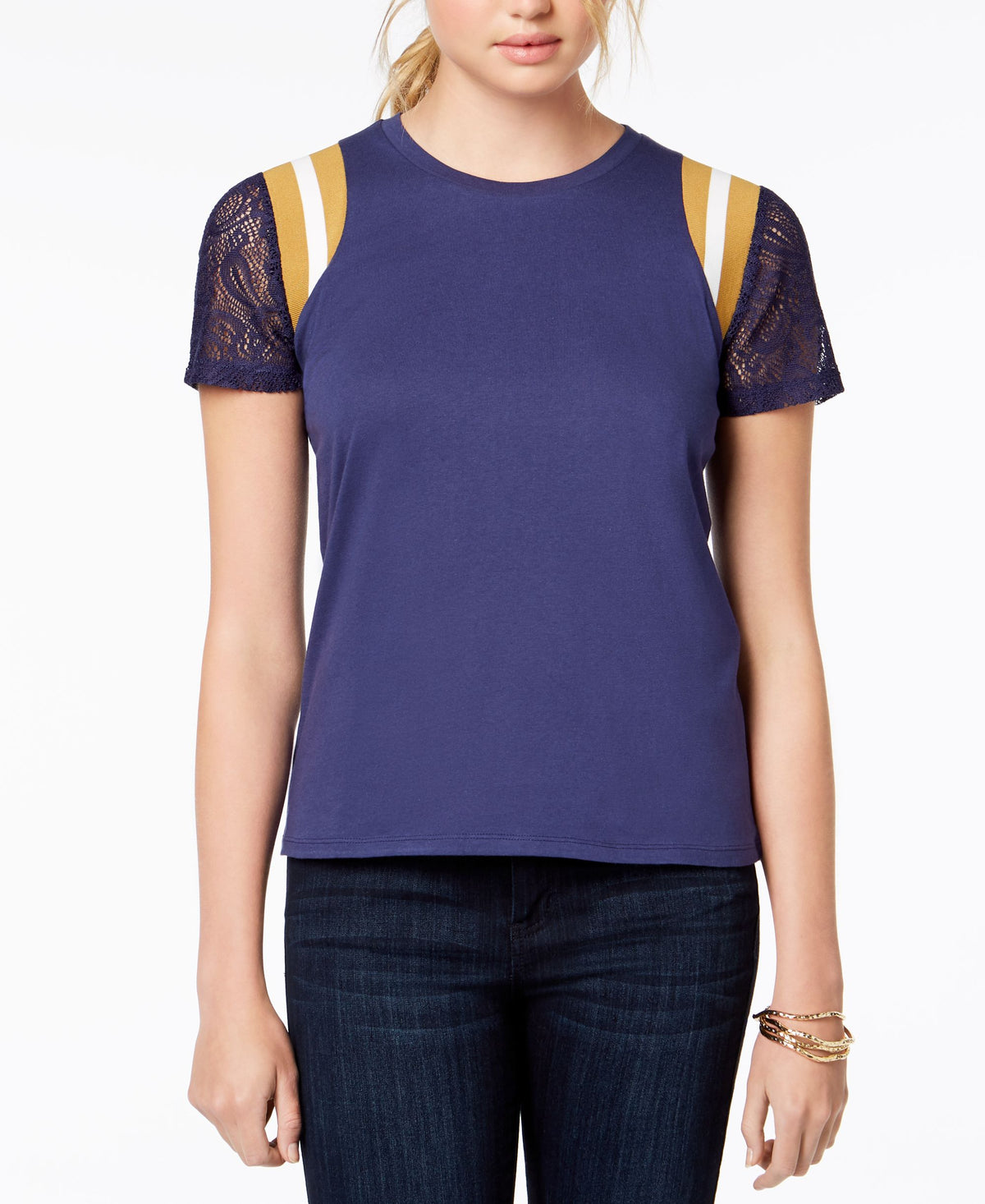 Juniors' Lace-Sleeve Striped-Shoulder Top