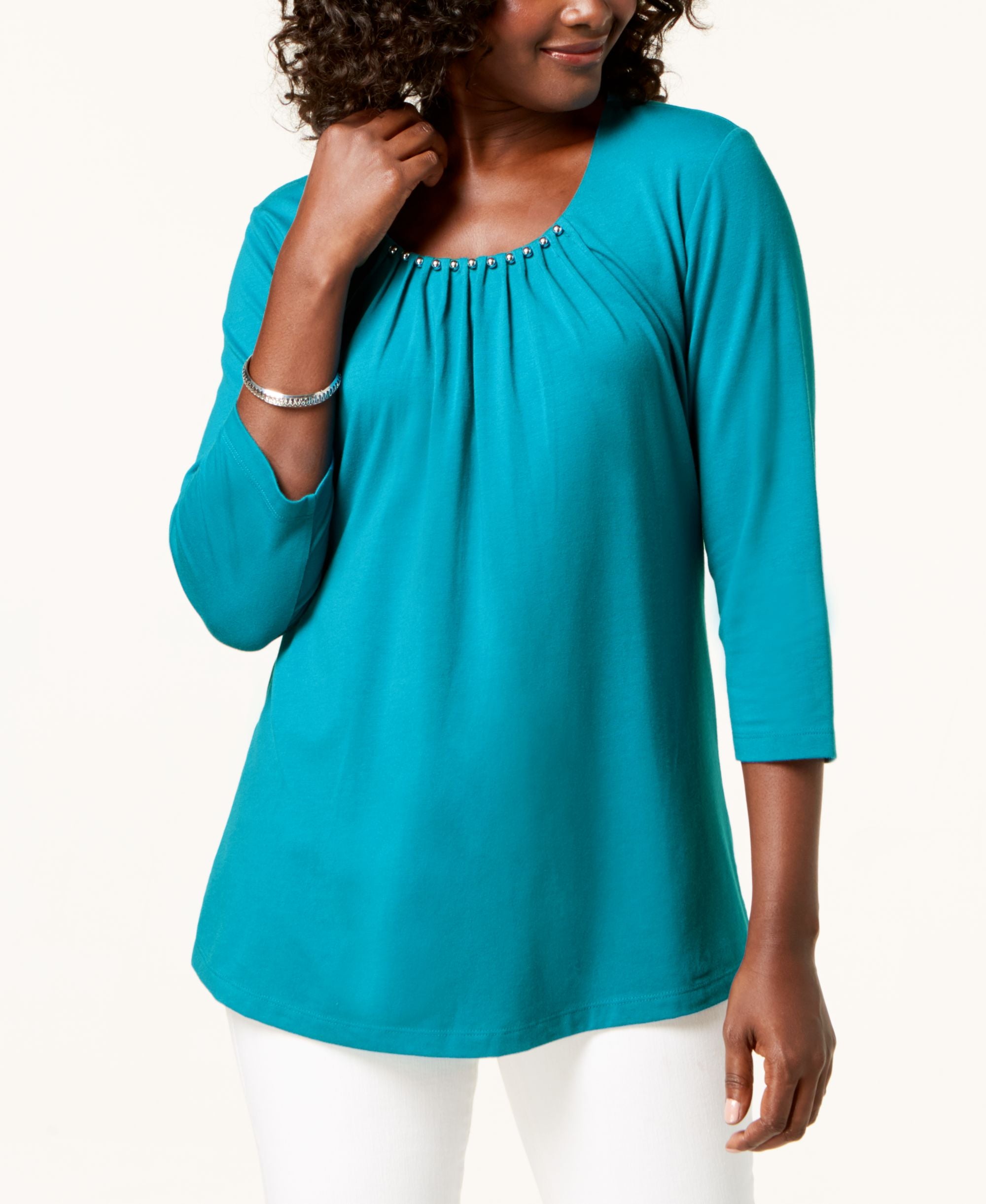 Karen Scott Faux Pearl Embellished Scoop Neck Top