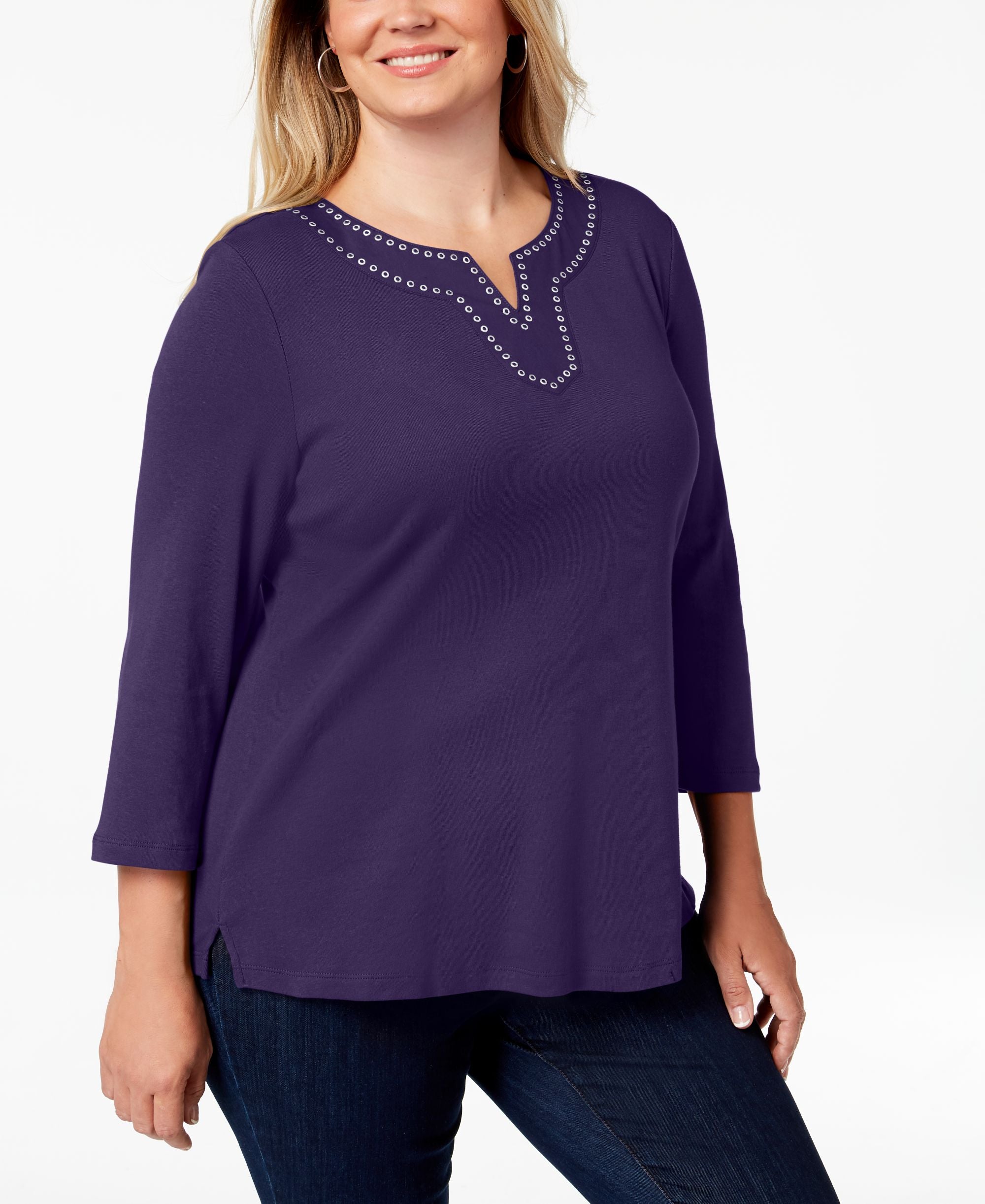 Karen Scott Plus Size Cotton Grommet Trim Top