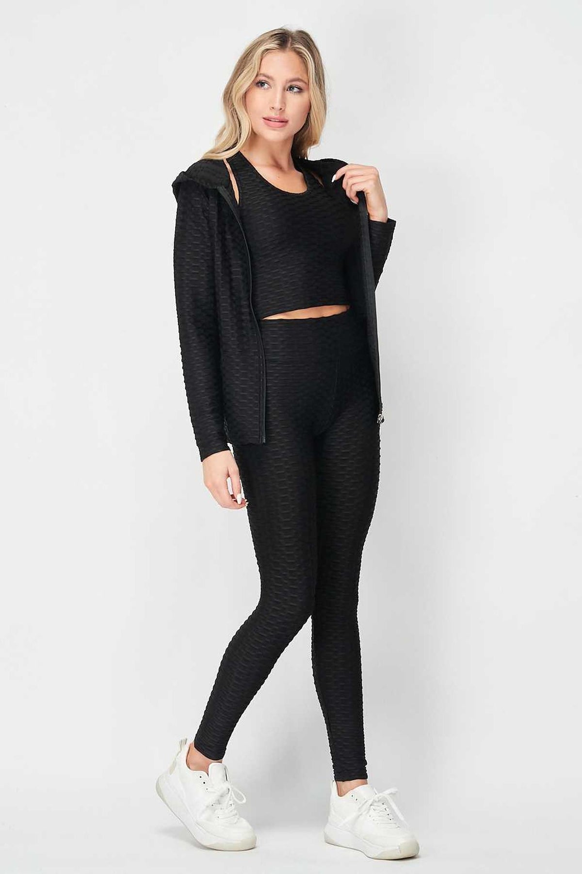 3 Piece Scrunch Butt Leggings Crop Top and Hoodie Set