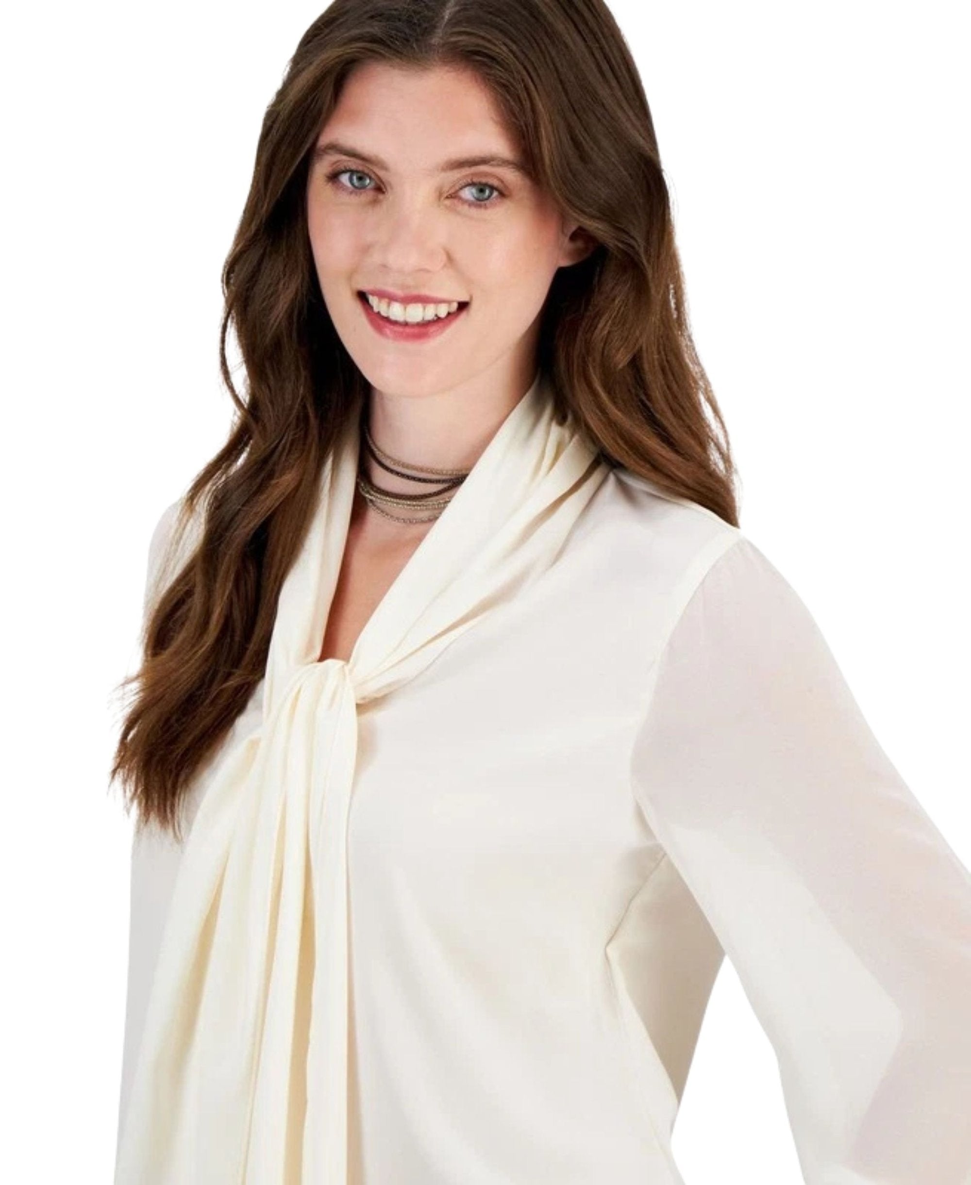 Women's Tie-Neck Sheer-Long-Sleeve Blouse