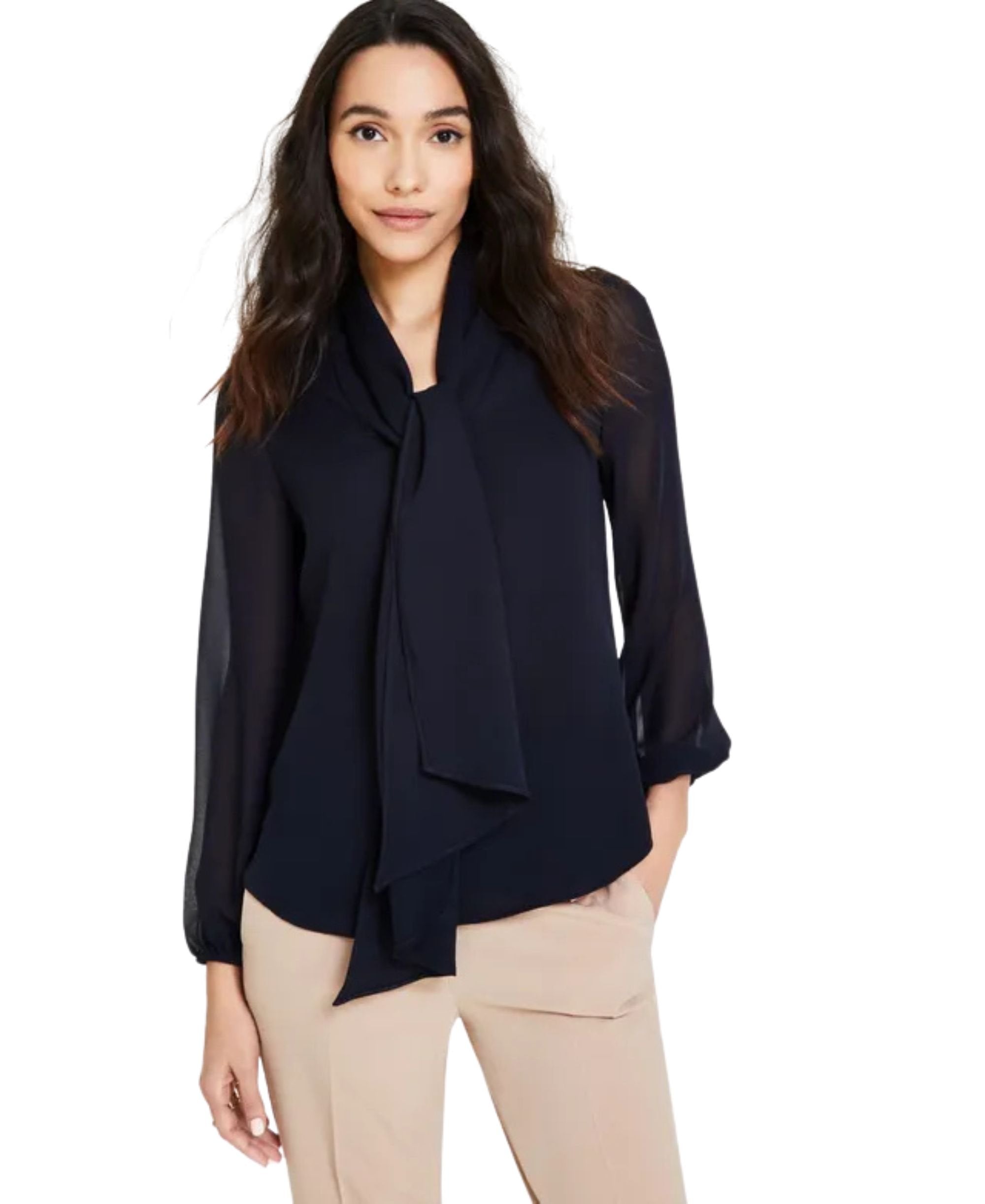 Women's Tie-Neck Sheer-Long-Sleeve Blouse