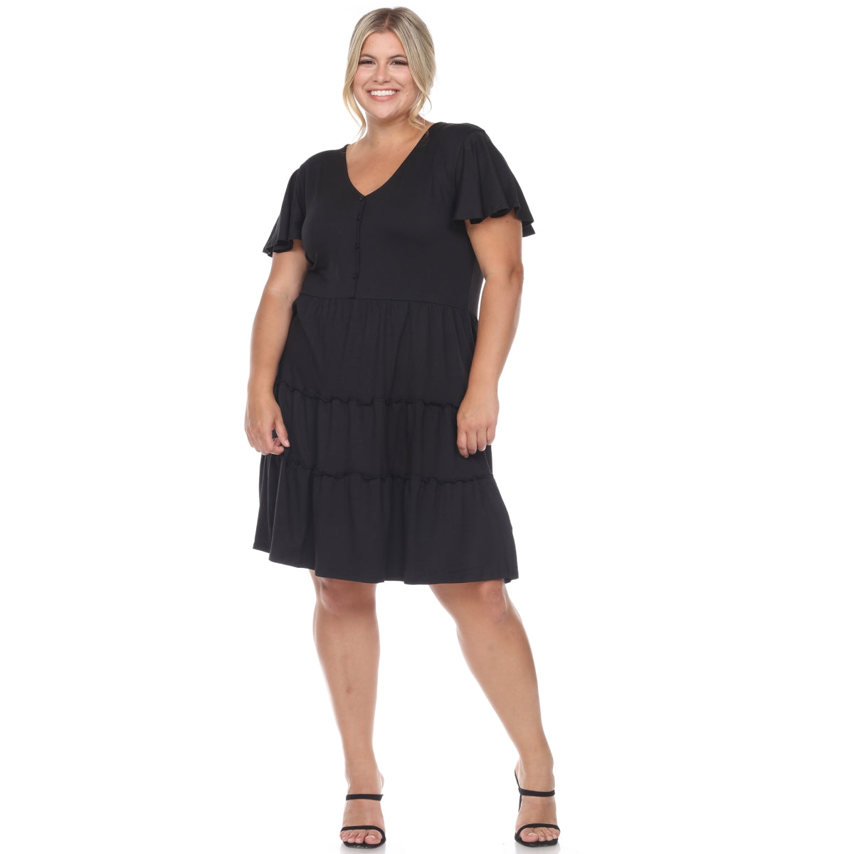 Plus Size Short Sleeve V-neck Tiered Midi Dress