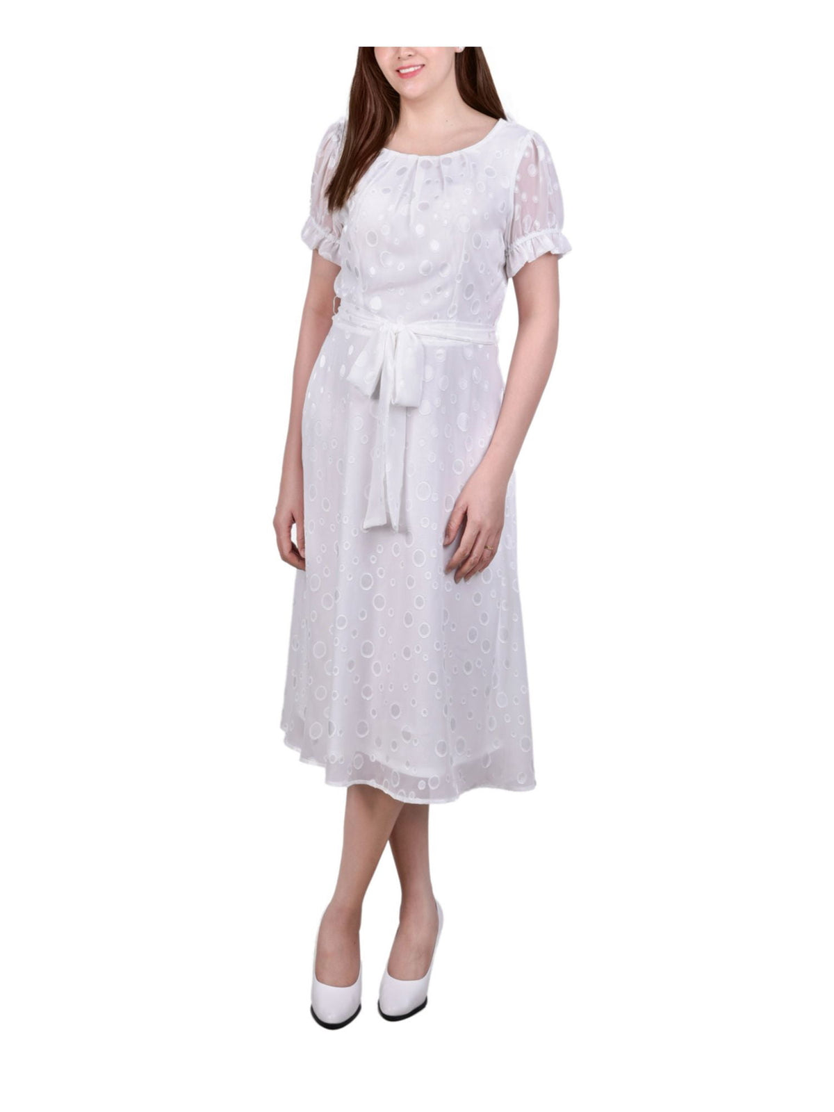 Petite Short Sleeve Belted Swiss Dot Dress