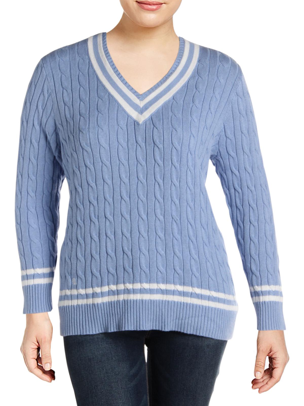 Ralph Lauren Womens Plus Cotton V-Neck Sweater Blue 2X
