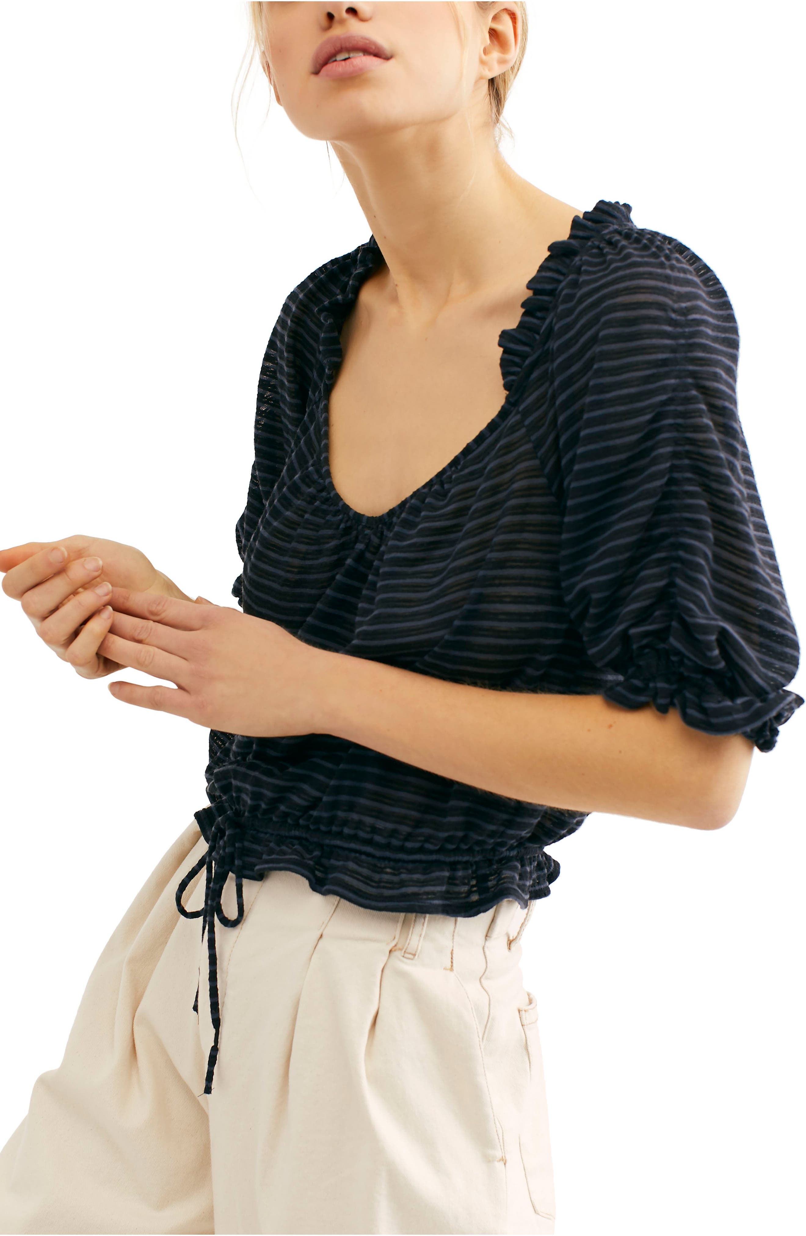 Free People Womens Tie Striped 3/4 Sleeve Scoop Neck Top Black XS