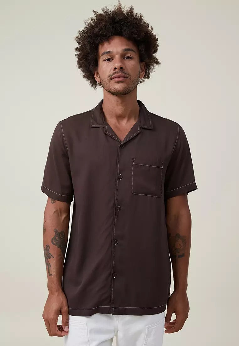 Cotton On Mens Riviera Short Sleeve Button Brown Pop Stitch Shirt