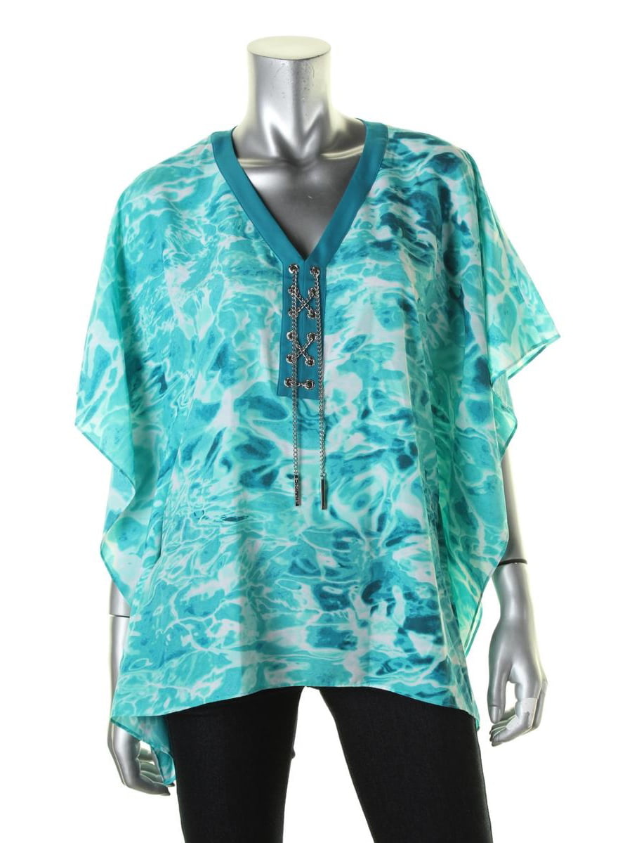Michael Kors Womens Short-Sleeve Chain Lace-Up Tunic Kimono Blouse