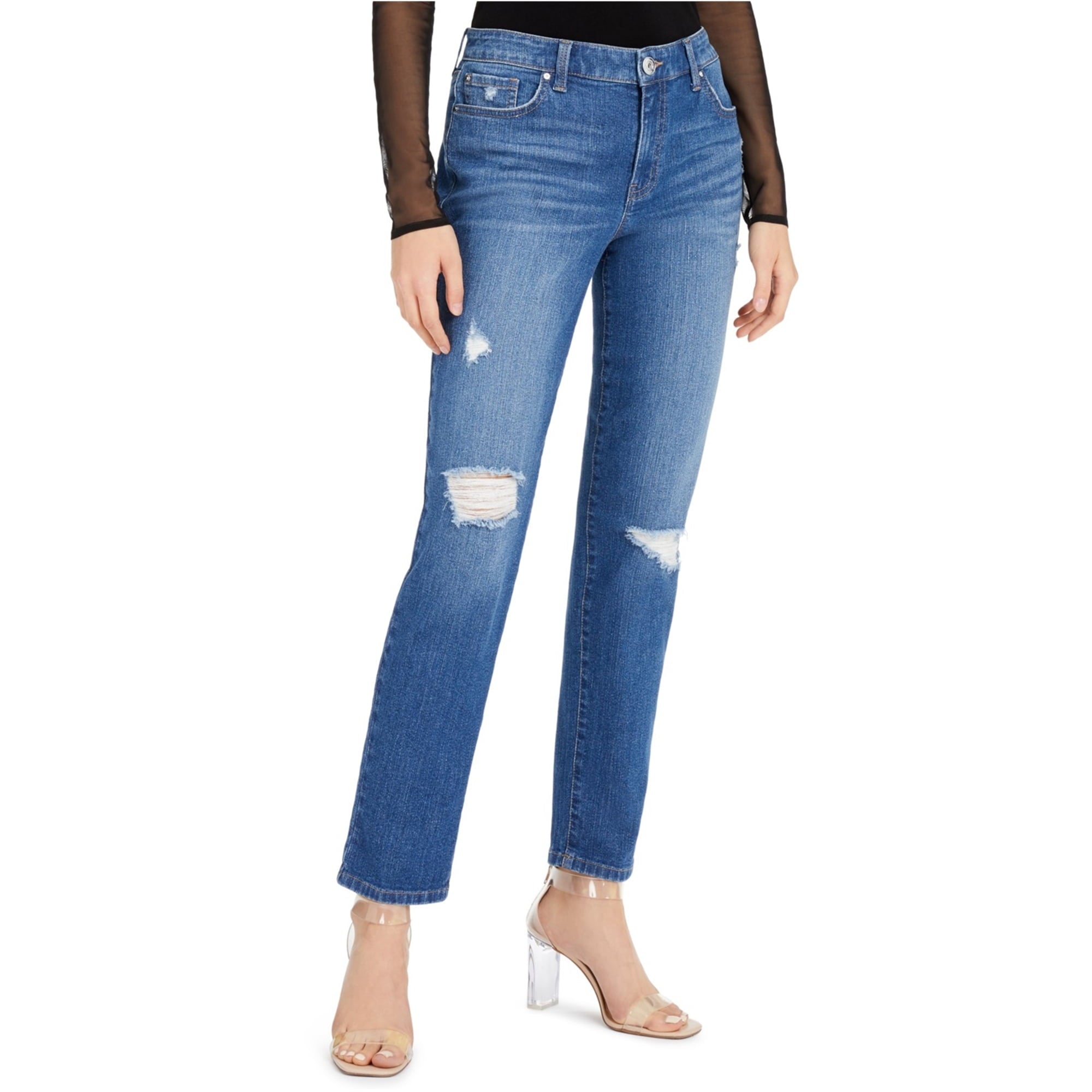 Women's Mid Rise Ripped Straight-Leg Jeans