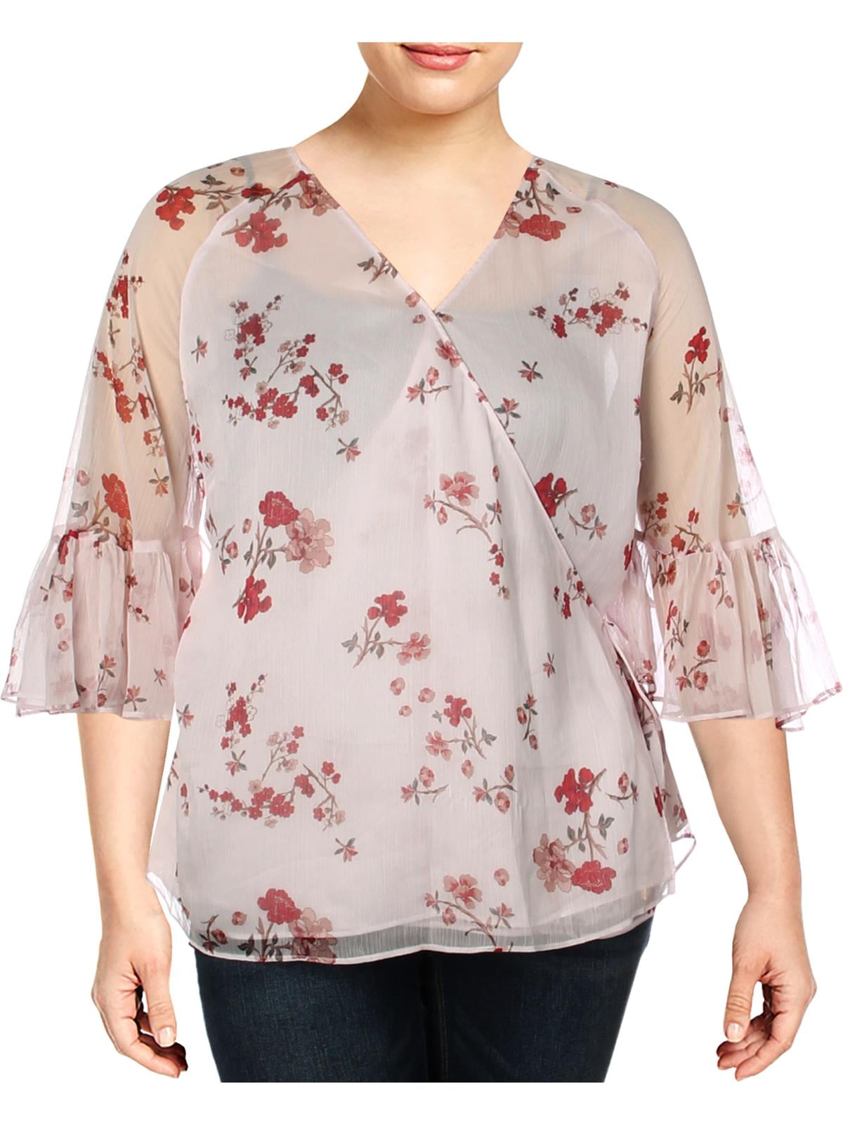 Lauren Ralph Lauren Womens Plus Floral Print Bell Sleeves Wrap Top